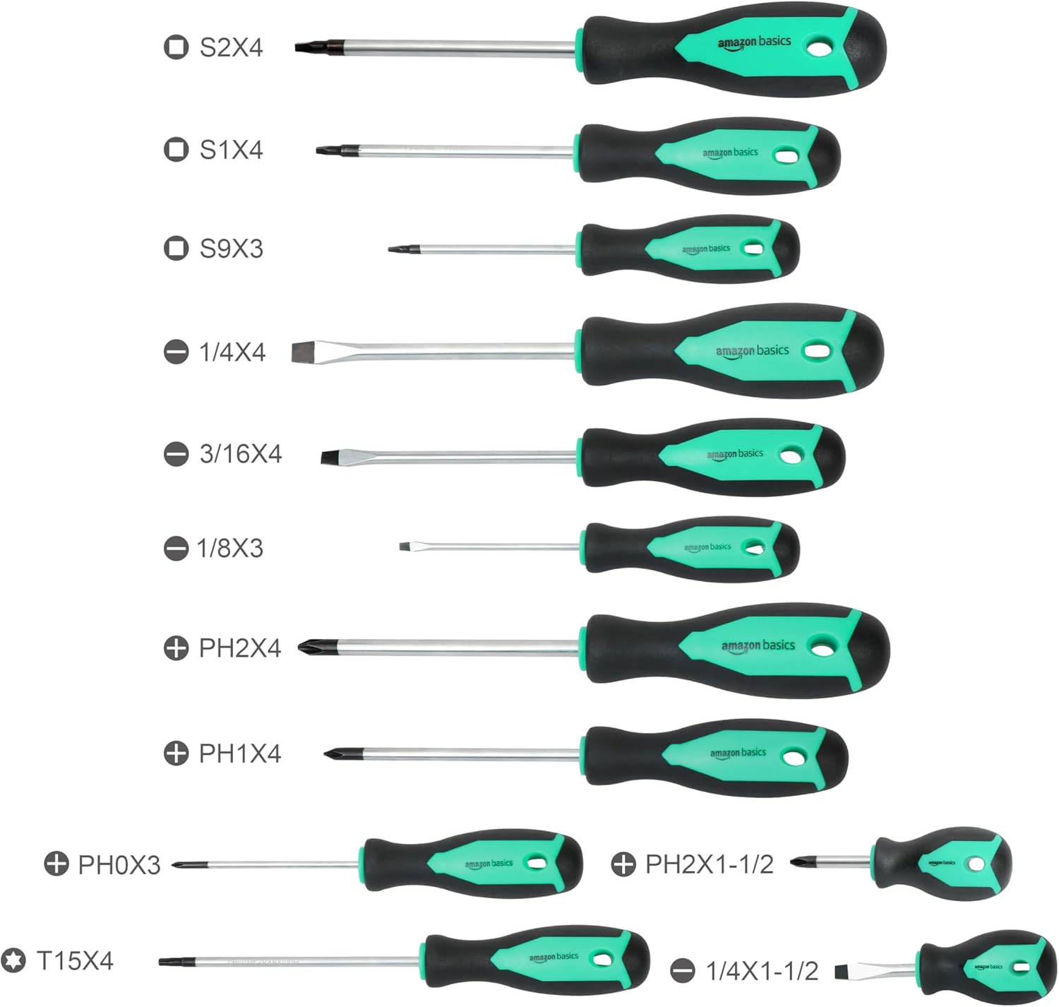 Amazon Basics Magnetic Screwdrivers Set, 12-Piece, Phillips, Slotted, Torx, Square, and Stubby with Non-Slip Handle, Hand Tools Set, Turquoise - Image 2