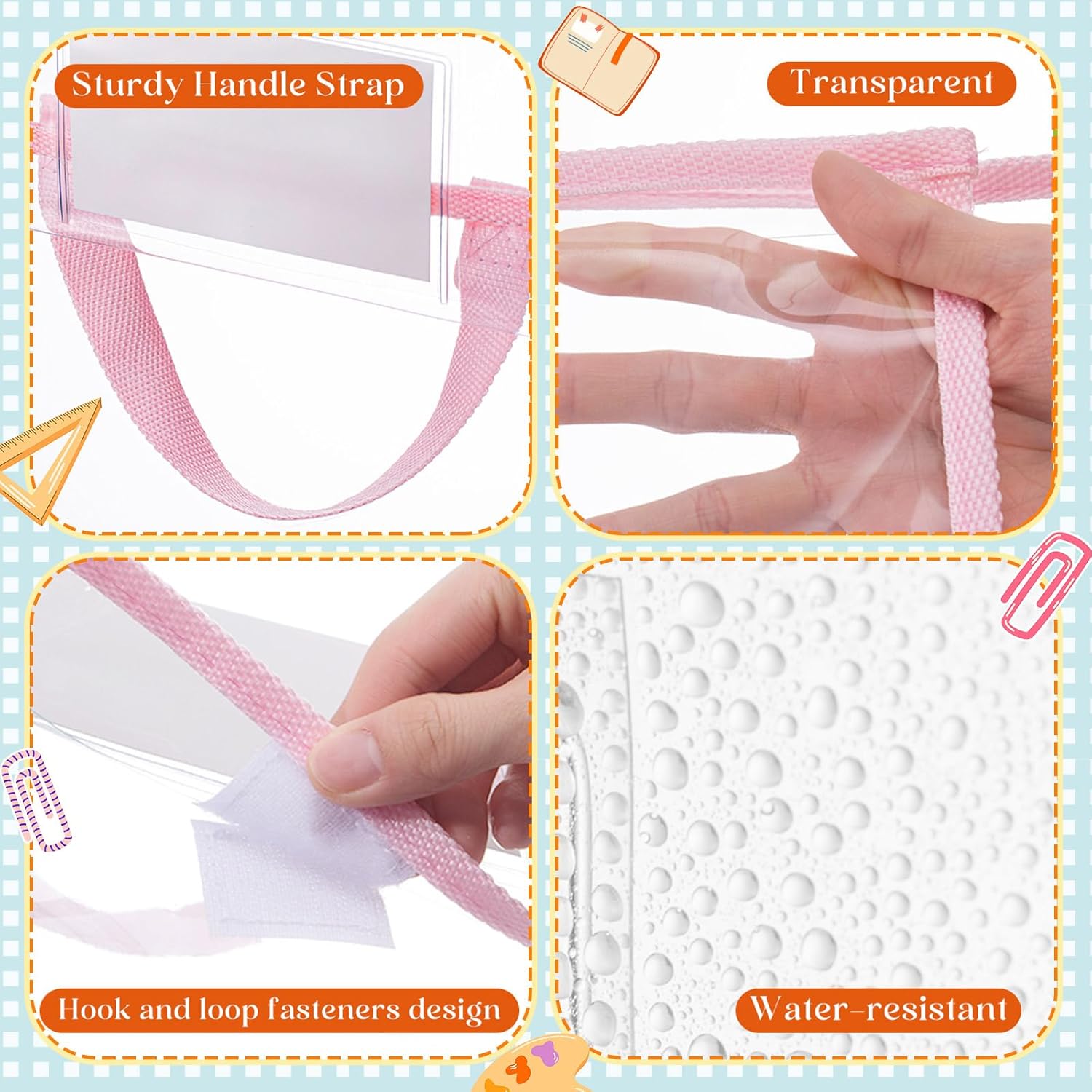 Teling 12 Pack Thick Clear Book Pouches with Blank Name Tags and Handles Book Baggies Bags Bins Organizer for School Classroom Library Pockets Students (14 x 11 Inch,Pastel Color)