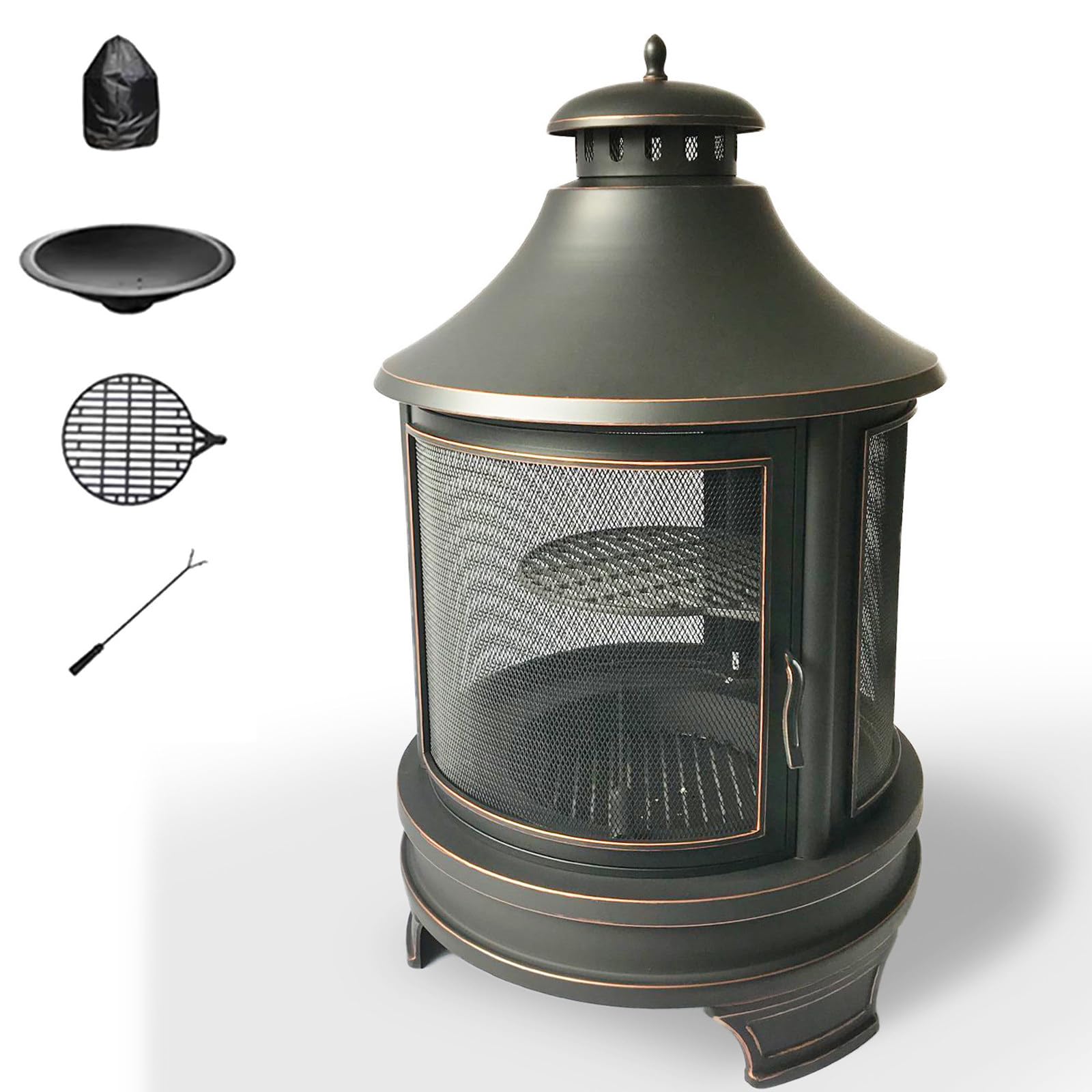 Zewnętrzny piec opalany drewnem i kominek ogrodowy typu chiminea | Urządzenie 2 w 1: ogrzewanie i grillowanie; łatwe czyszczenie; idealne do ogrodu, na patio, pod namiot i do kampera