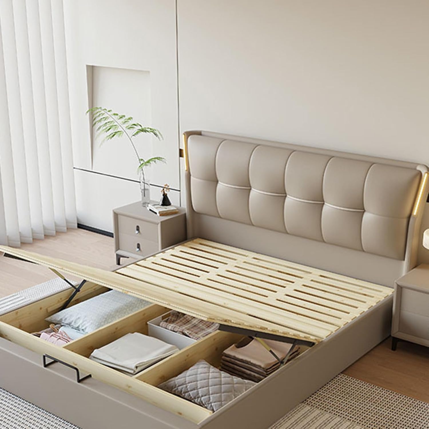 Modern Minimalist Queen Bed Genuine Leather Solid Wood Slats Support with LED Lights and Heavy Duty Wooden Slat Support Noise-Free Easy Assembly