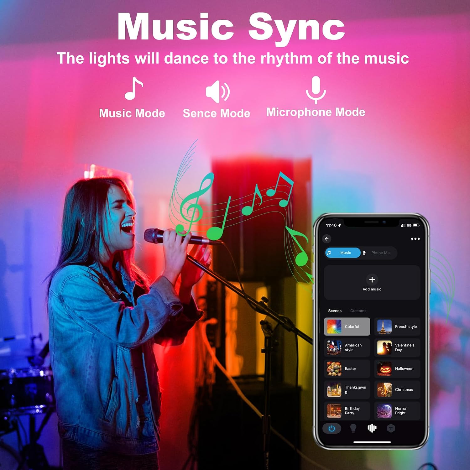 Person singing into a microphone with colorful stage lighting, illustrating the music sync feature.