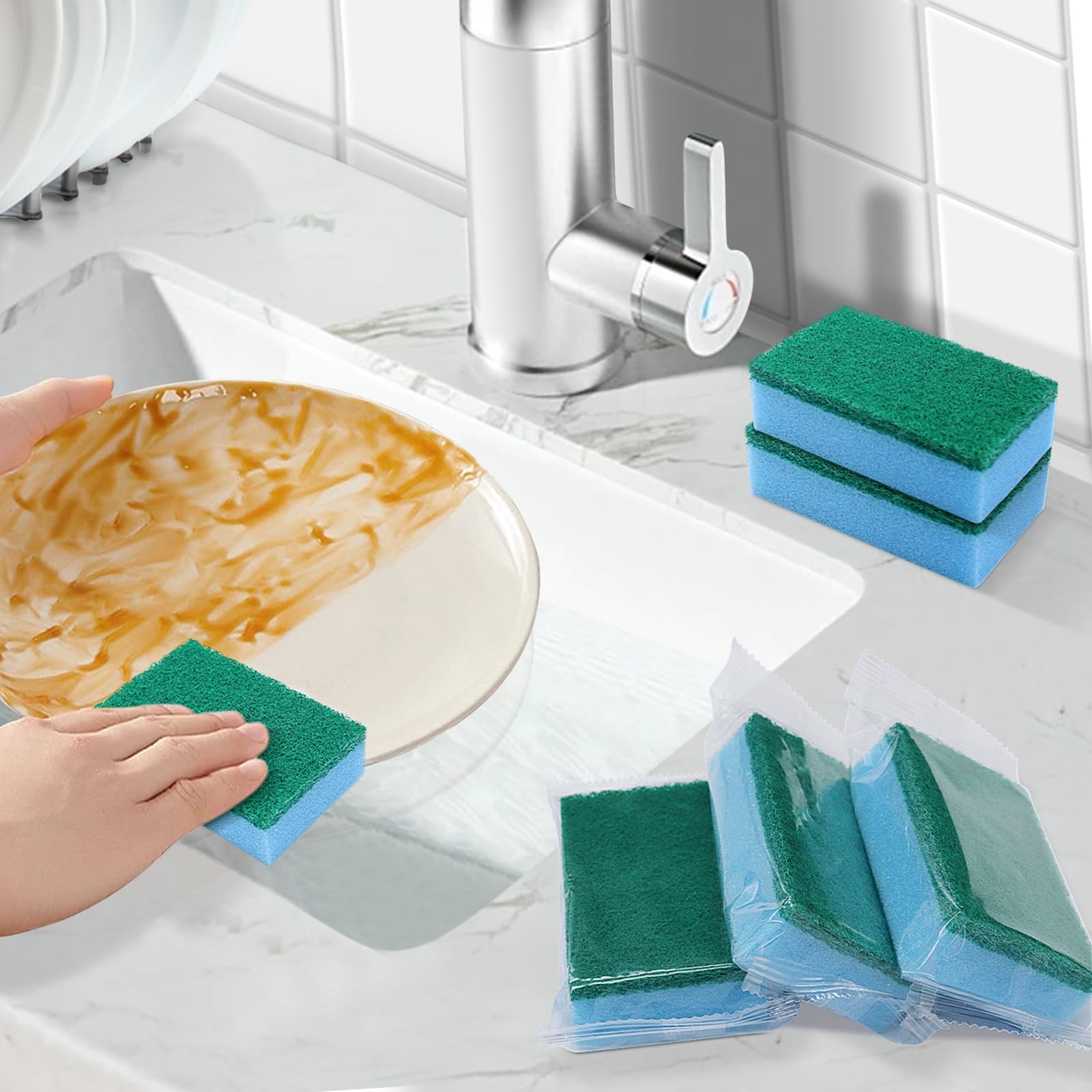 Paquete de 660 esponjas azules envueltas individualmente, esponja envuelta individualmente para cocina, fregar, lavar platos, lavar platos, limpieza de lavavajillas, fregadero, funda a