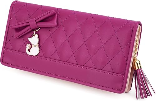 UTO Cartera de piel sintética para mujer, de gran capacidad, colgante de gato, soporte para teléfono, organizador de chequera, con cremallera,