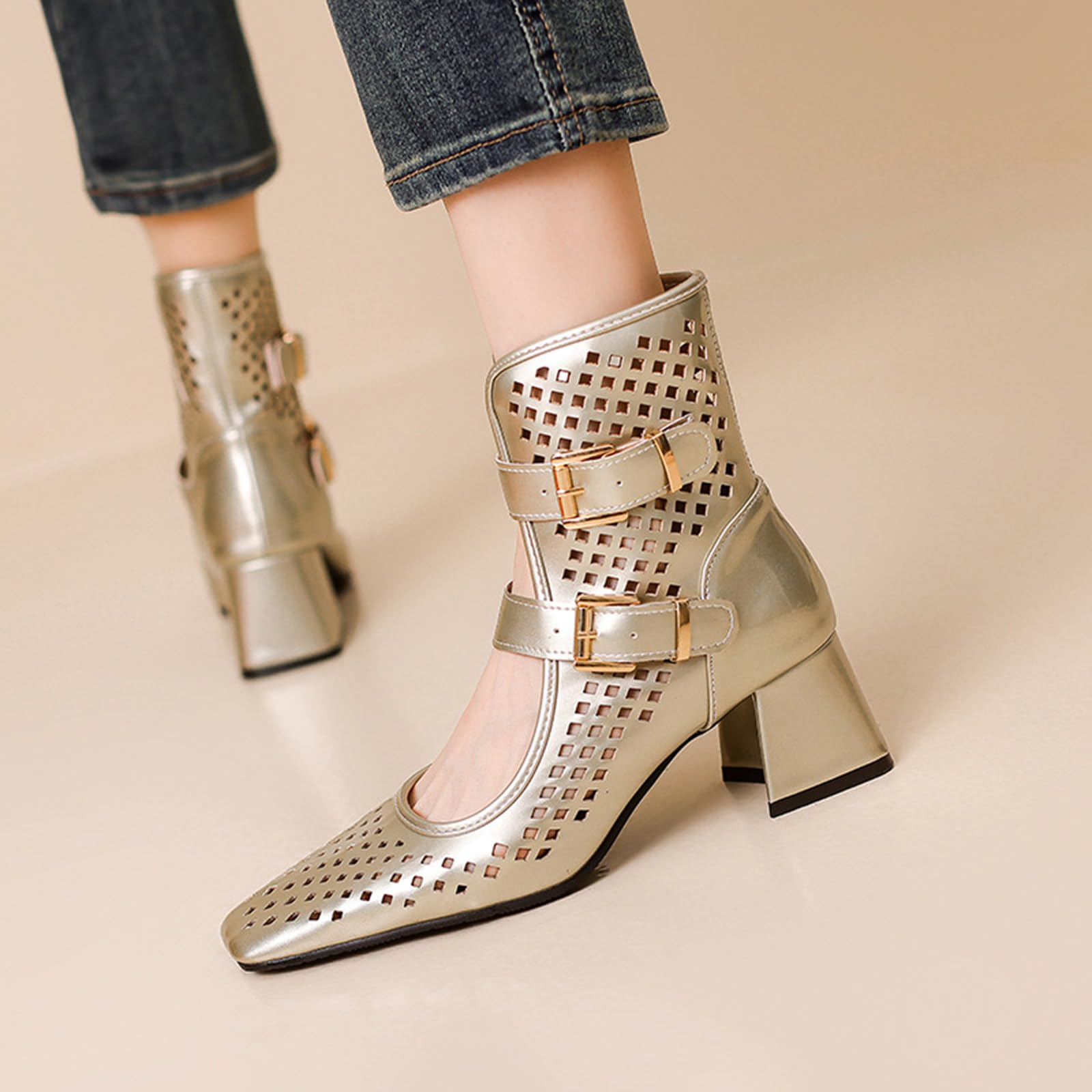 Genérico Mujer Zapatos de Tacón 6 CM Sexy Calados Punta cuadrada Tacón grueso Botines Elegantes para Fiestas y Bodas