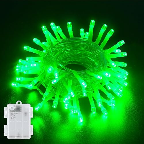 BOLWEO Guirnalda de luces verdes para exteriores Waterfroof de 10 pies, 30 LED, cadena de luces de Navidad con batería con temporizador, cable