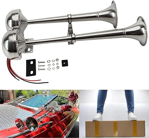 Miniatura 1 de Bocinas de barco de 12 V, cuerno de trompeta de barco marino de acero inoxidable pulido, tono bajo y alto BANHAO con soporte ajustable, bocina de