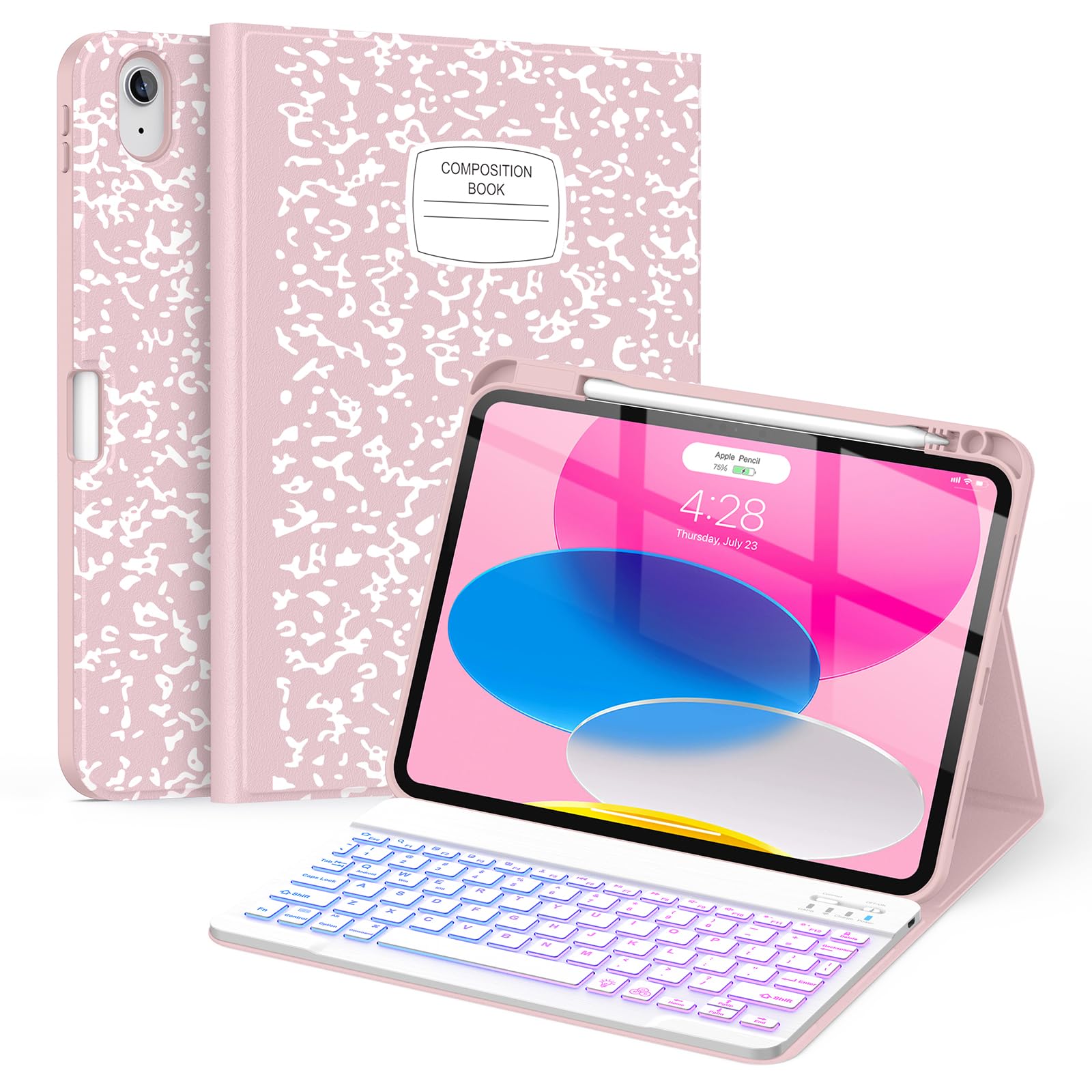 Supveco Keyboard Case for iPad (A16) 11th/10th Generation 11&10.9 Inch | 7 Colors Backlit Wireless Detachable Folio Keyboard Cover with Pencil Holder for iPad 11th/10th Gen 2025/2022-Pink A-Book Pink