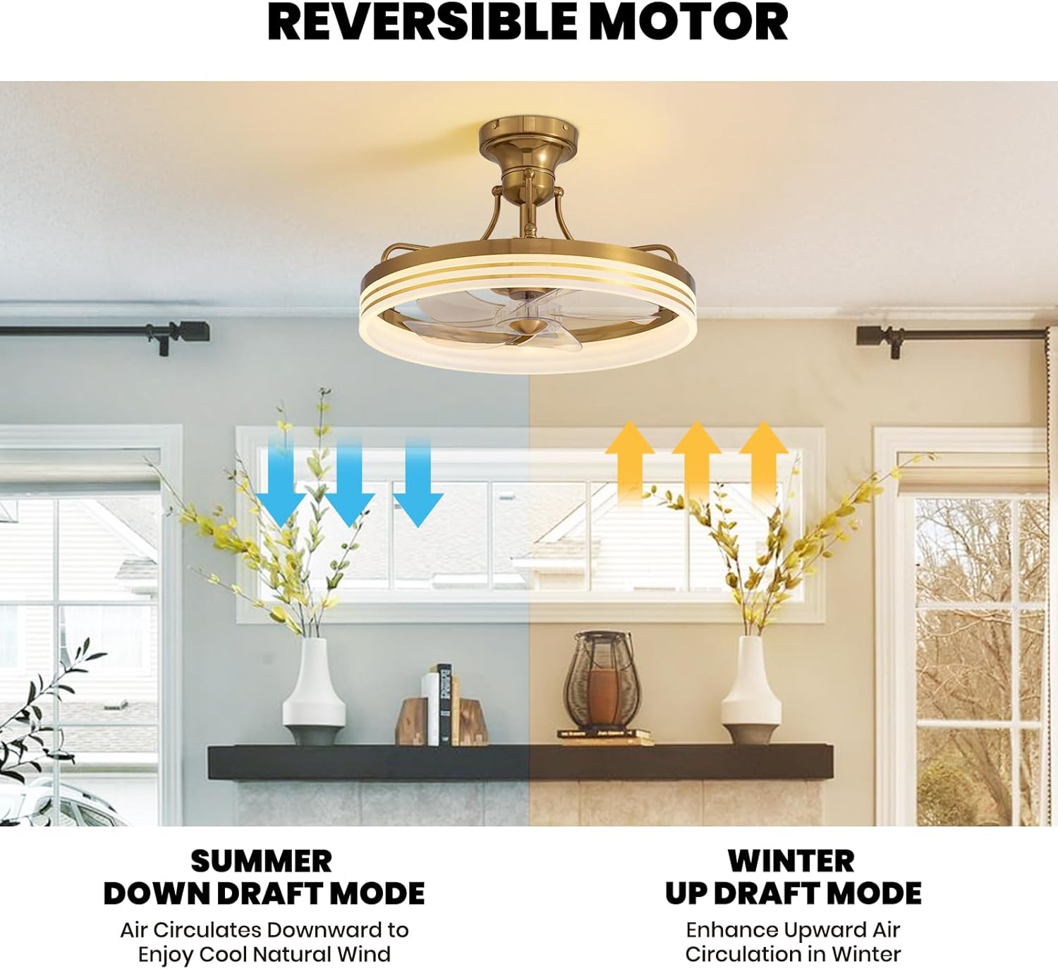 20inch Ceiling Fan With Light Gold Flush Mount Fandelier with Remote Control Modern LED Ceiling Fan 6 Wind Speeds Fandelier for Bedroom Living Room Kitchen
