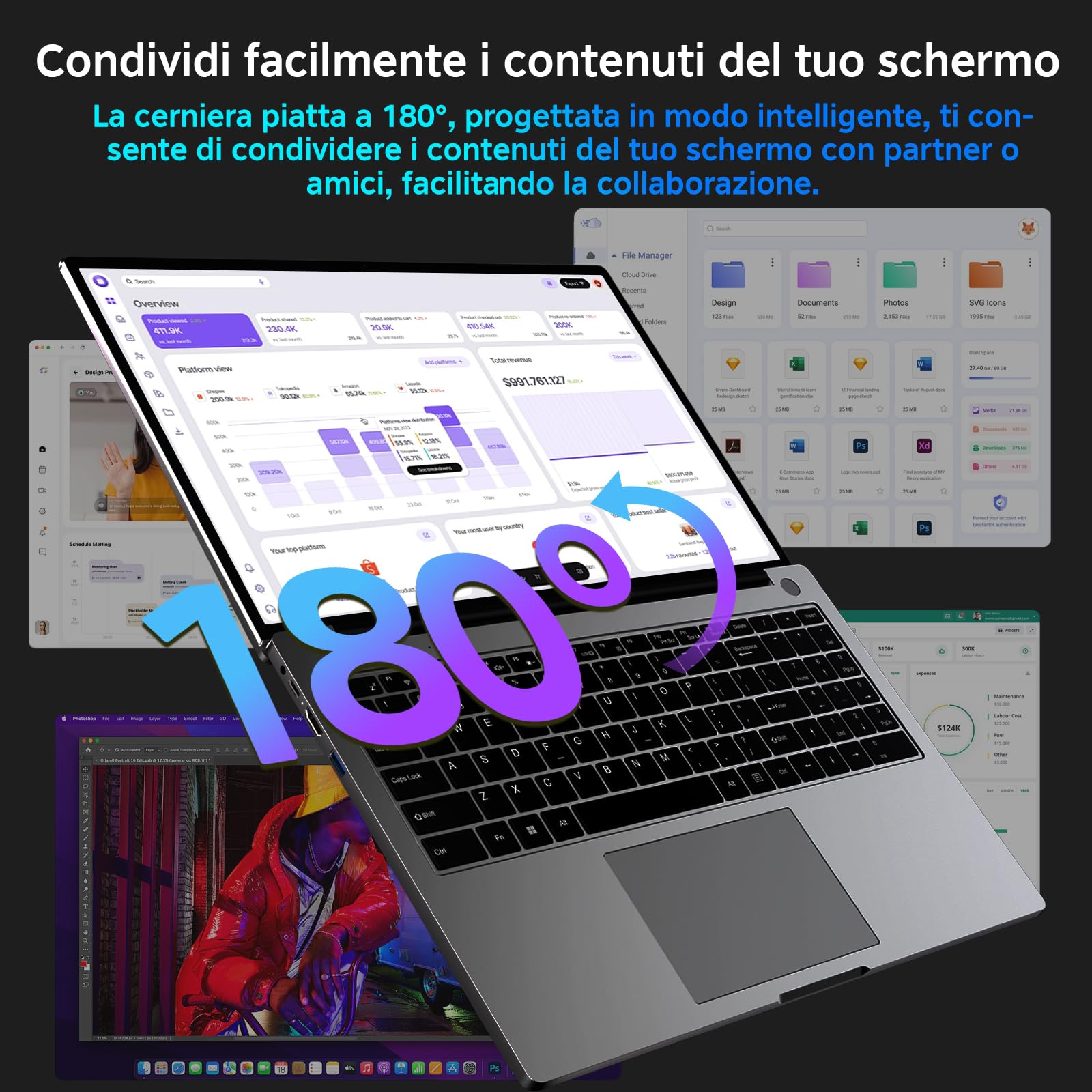 PC Portatile Gaming 16GB RAM 512GB 1TB SSD Espansione Core i3 (fino a 3,2Ghz) Notebook 16 Pollici Computer Portatile 1920 * 1200 IPS UHD Tipo C 5G WiFi con mouse & adesivi per tastiera Italiana-Grigio