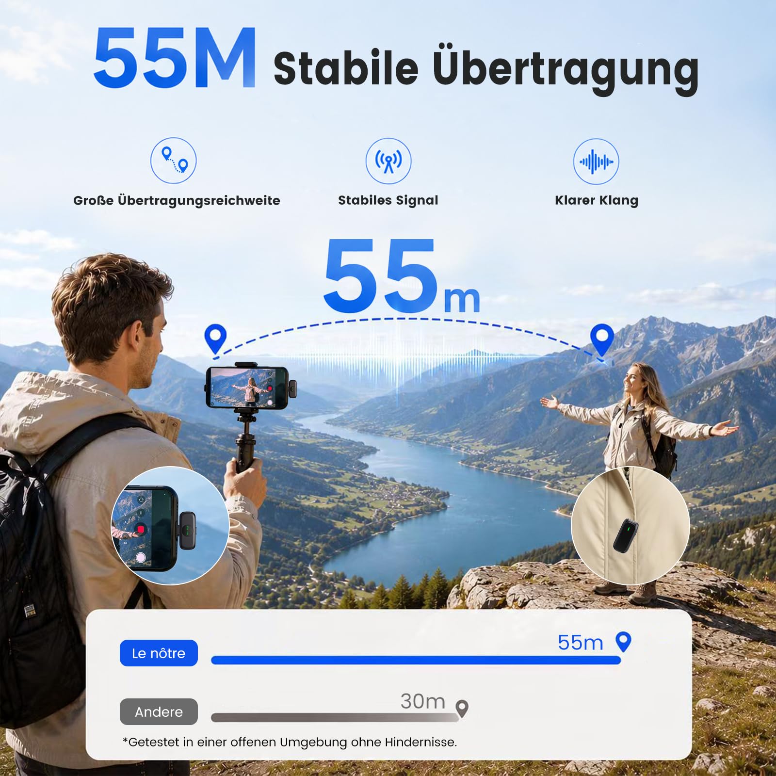 Funkmikrofon für iPhone & Android, USB-C & Lightning, 2 Mikrofone, Digitale Akkuanzeige an Mikrofonen & Ladecase, KI-Geräuschunterdrückung für TikTok, YouTube, Podcast