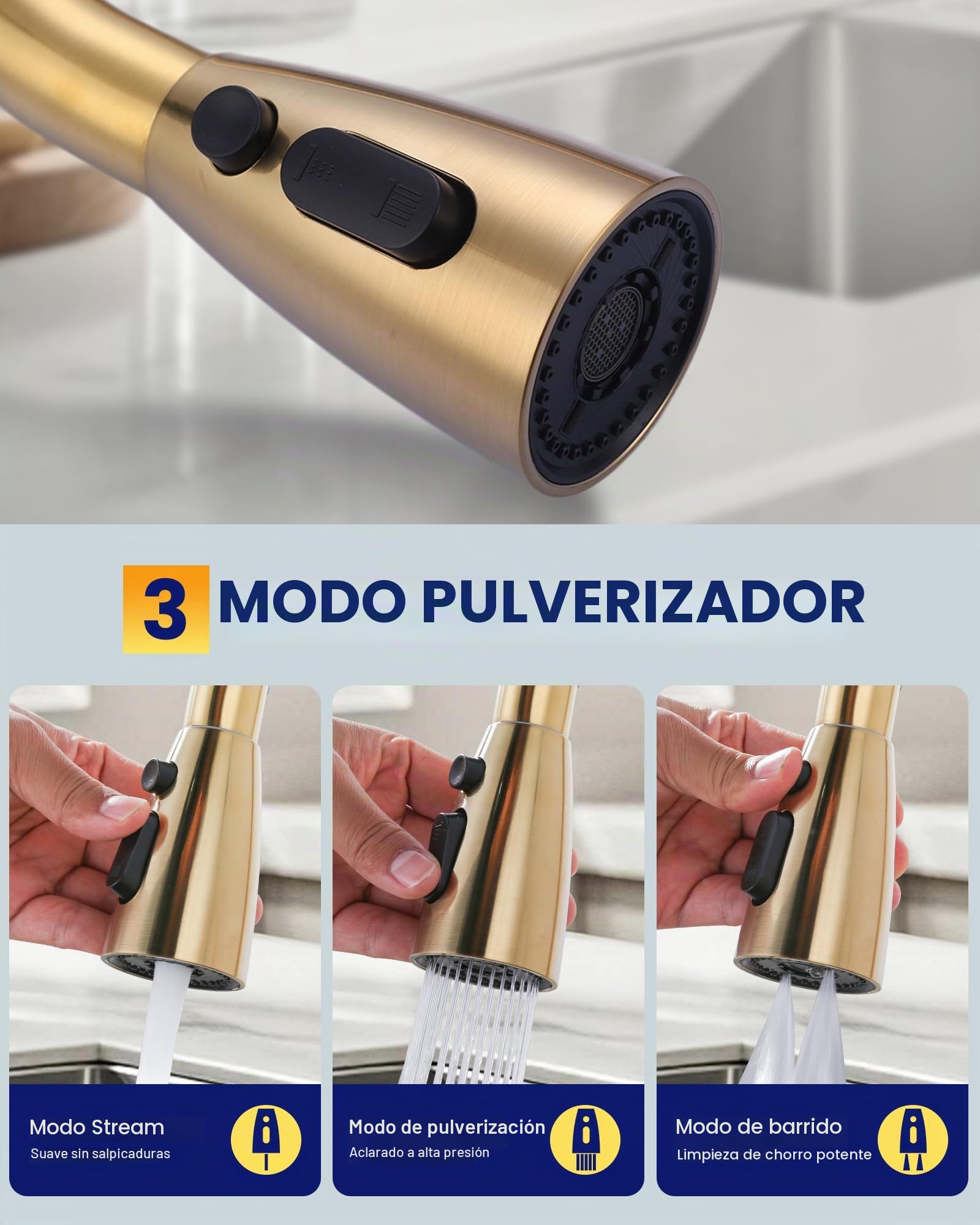 ARCORA Grifo Cocina Extraíble 360° Giratorio, Grifo Monomando Acero Inoxidable con 3 Modos de Chorro, Cartucho de Cerámica, para Fregaderos Profundos de Cocina, Dorado