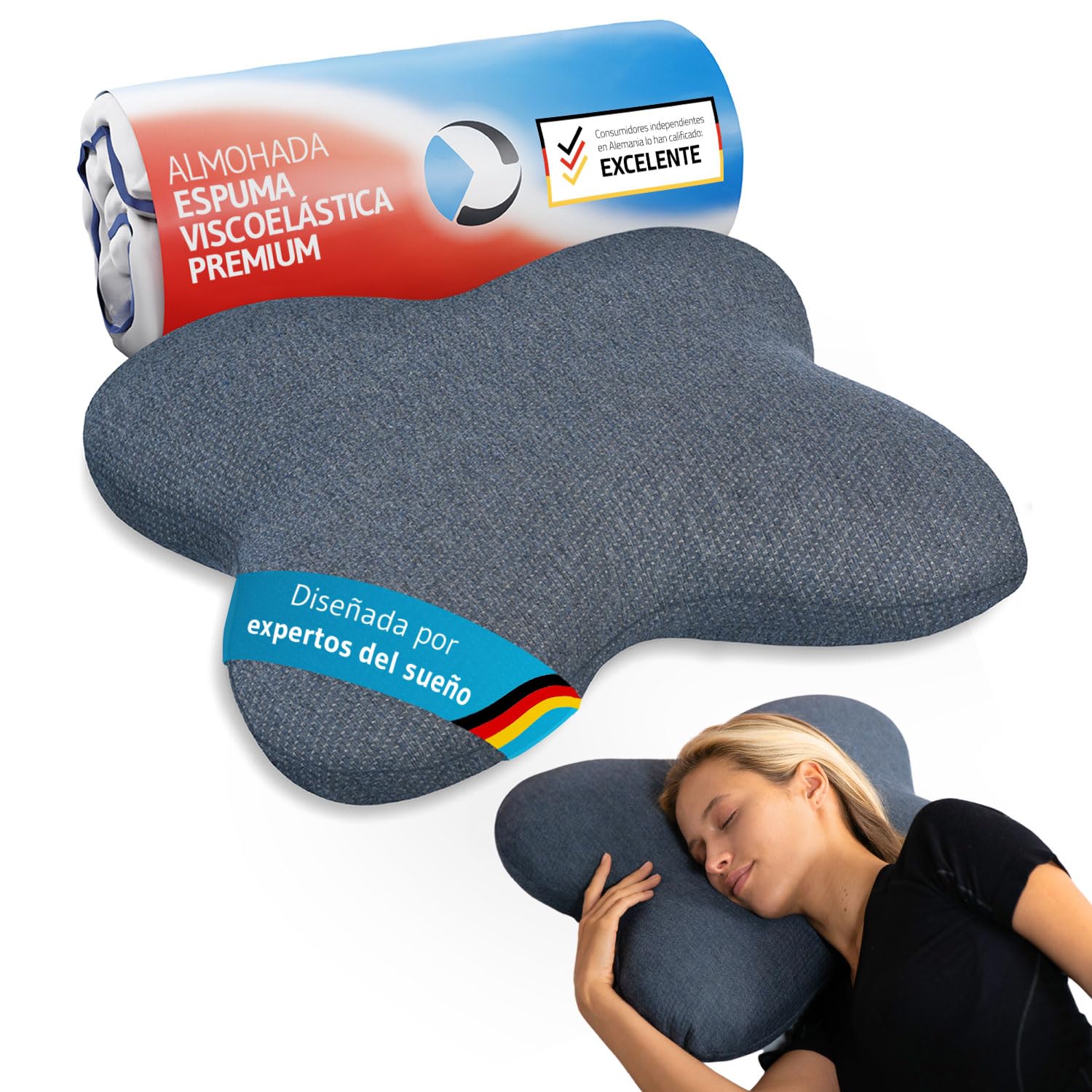 Almohada ergonómica ACAMAR Quickdry para dormir de lado, almohada cervical | Espuma viscoelástica, funda de secado rápido, cojín ortopédico, almohada mariposa, 55x47x12 cm
