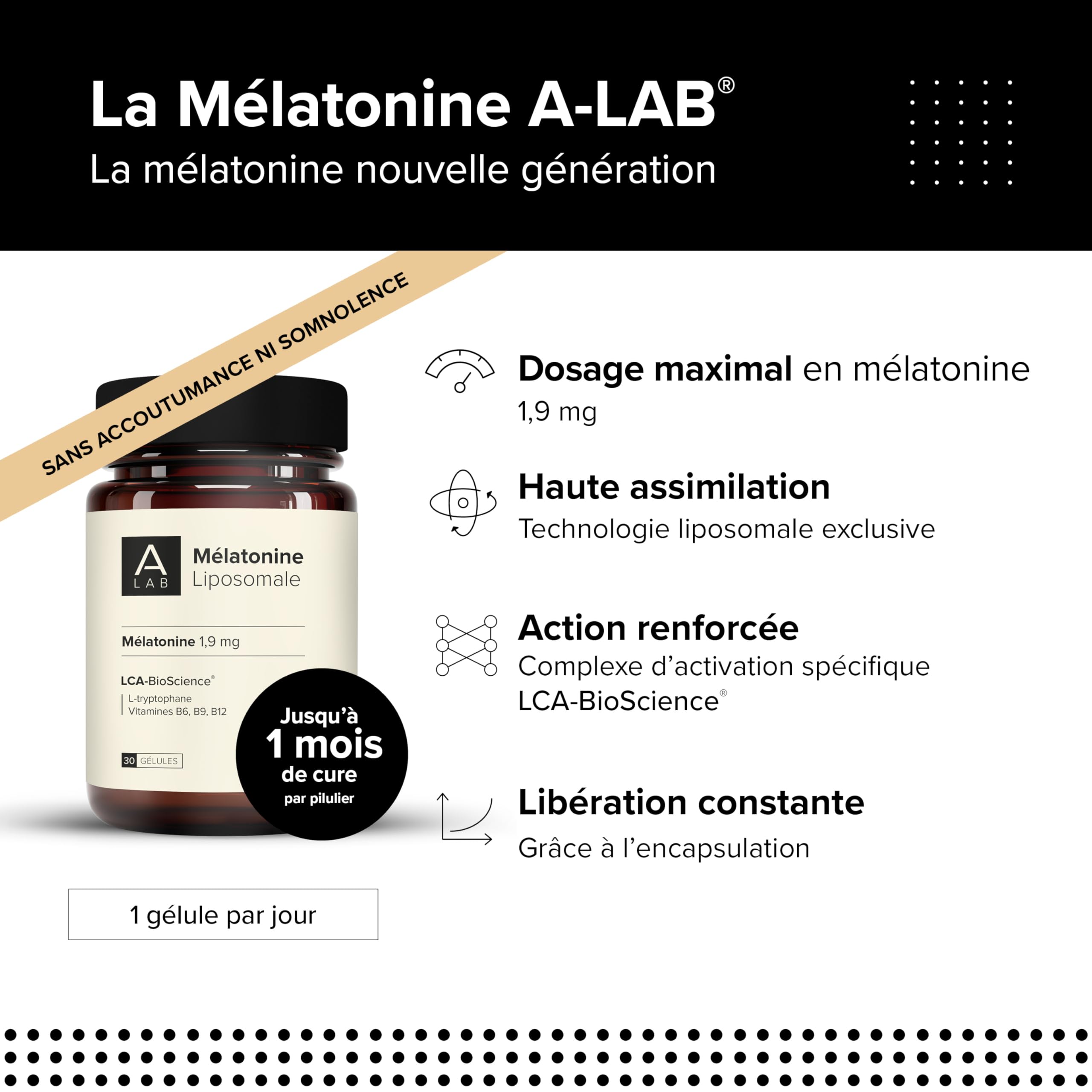A-LAB Mélatonine Liposomale 1,9 mg - Assimilation Renforcée - Complément Alimentaire Sommeil, Jetlag - 30 jours de prise - Fabriqué en France