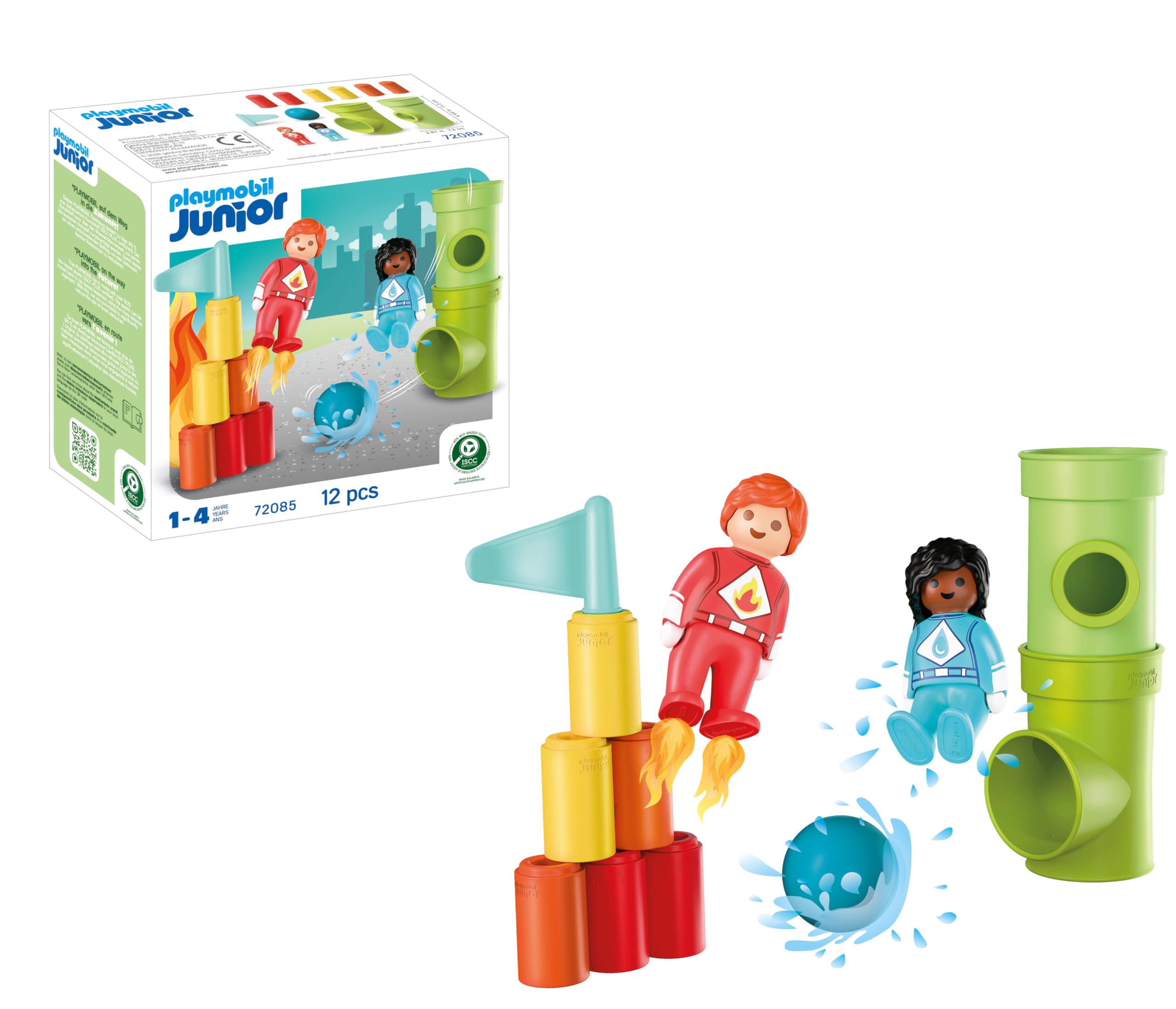 Playmobil | JUNIOR | JUNIOR: Superhero Action | Building Set with Water Woman, Fire Man, Towers & Ball Track Elements | For Children Aged 4+ | 72085