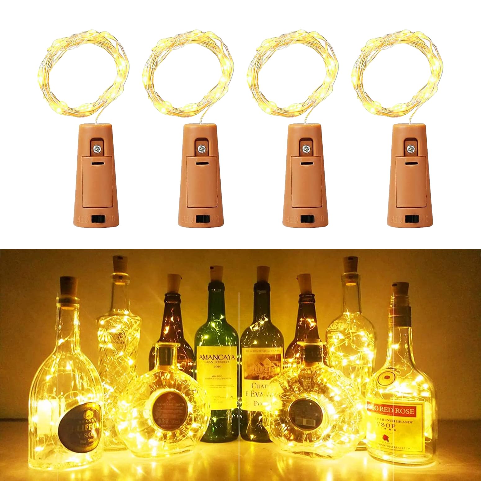 Bottle Lights 4pcs, 2m 20 LED Wine Bottle Lights with Cork, Fairy Light Battery Operated for Birthday, Wedding, Christmas DIY Indoor/Outdoor Table Decoration (Warm White)