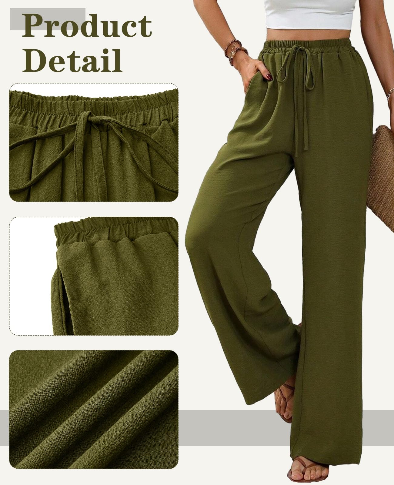 ALSOGO Pantaloni larghi da donna, eleganti, larghi, a vita alta, larghi, estivi, con tasche
