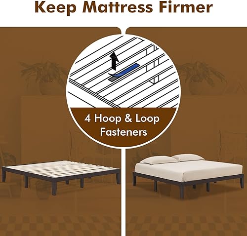 Miniatura 8 de COSTWAY Base de cama con plataforma de tamaño King, base de colchón de madera maciza de 14 pulgadas con soporte de listones resistente, marco de