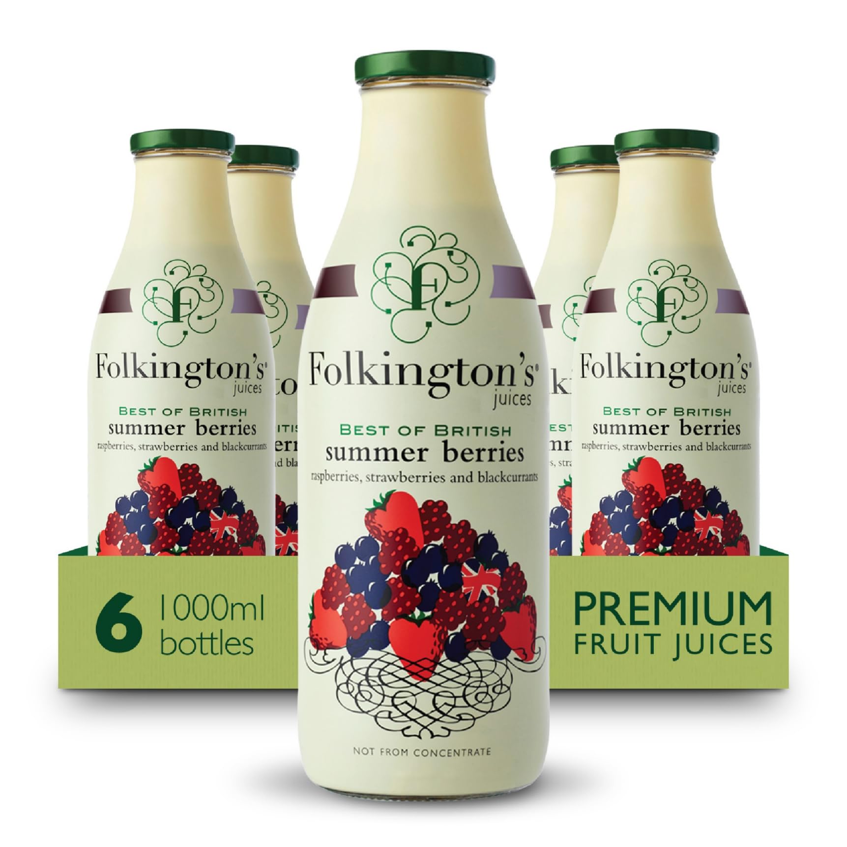 Folkington's Fruit Juice, Summer Berries, 6 Glass Bottles, Raspberries Strawberries Blackcurrants, Bulk Pack 1 Litre - Pack of 6