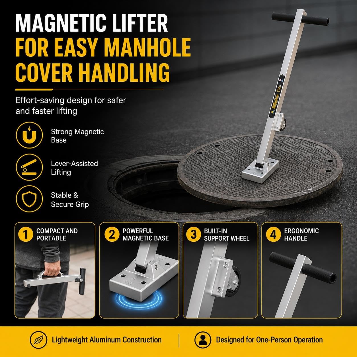 Sollevatore Magnetico Portatile For Chiusini Con Leva E Ruota | Trazione da 270 kg, impugnatura telescopica da 605-1.010 mm, impugnatura a T, alluminio da 3,8 kg, stoccaggio compatto