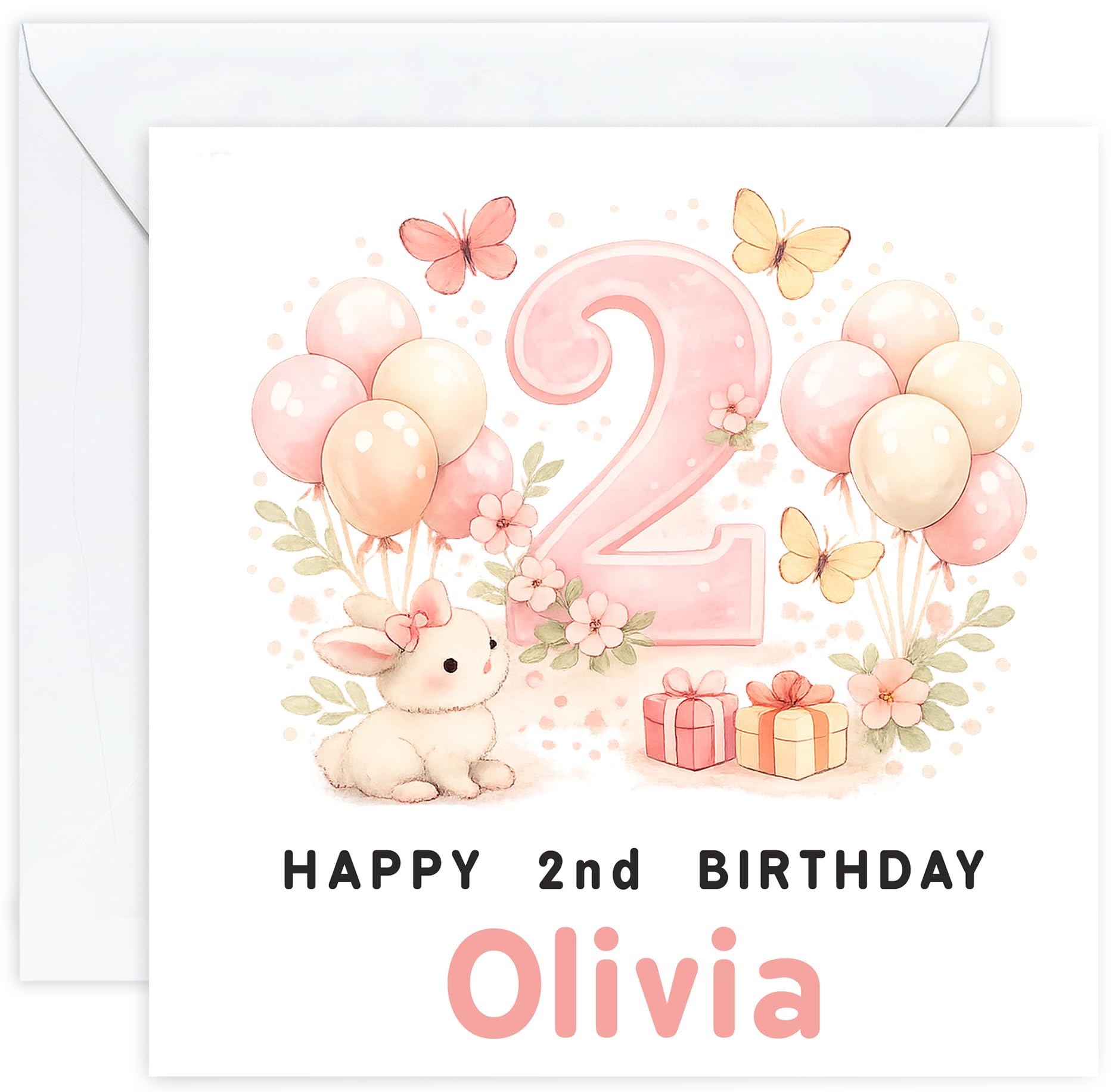 Personalised 2nd Birthday Card for Girl | Two Year Old Girls Birthday Card with Name | For Her, Daughter, Granddaughter, Niece or Goddaughter (Design 9)