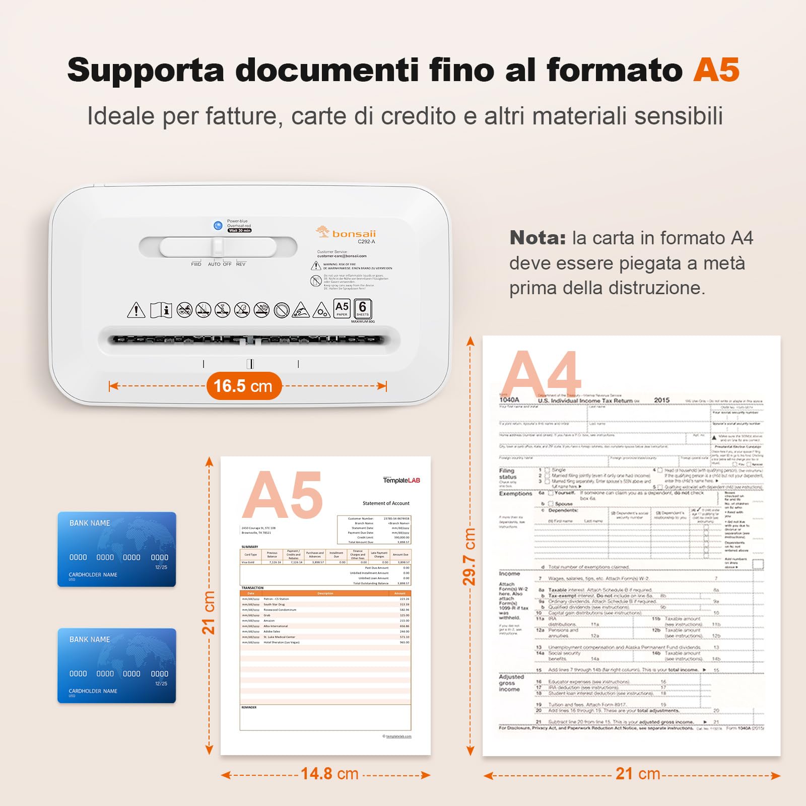 Bonsaii Distruggidocumenti, Taglio a Croce 6 Fogli (A5), Alta Sicurezza P-4 con Cestino 6L, per Carta, Carte di Credito, Graffette & Punti Metallici, C292-A