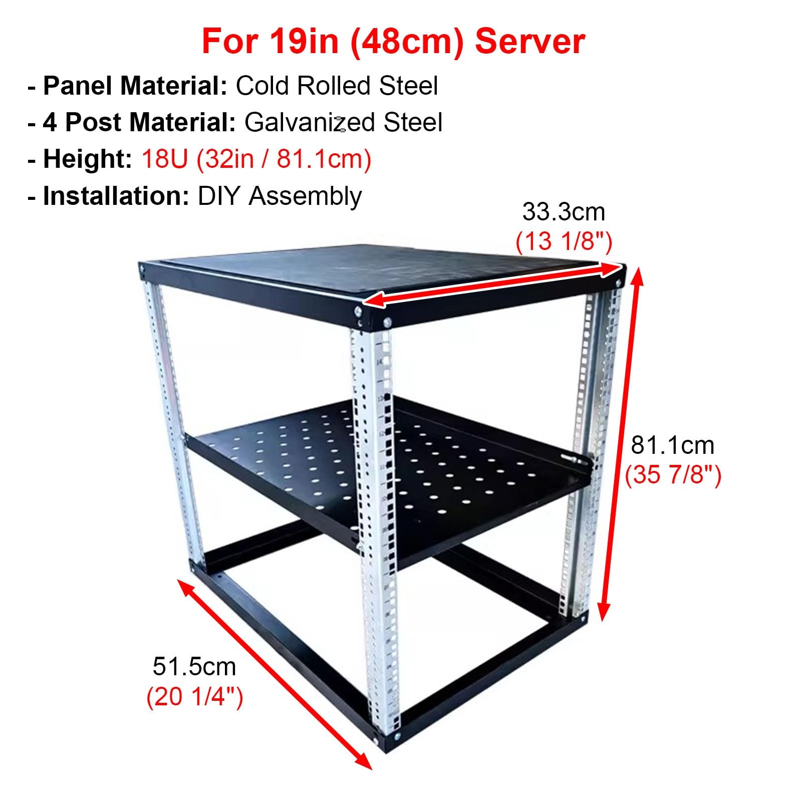 Regał serwerowy Otwarta Rama Serwerowa z Półką, Metalowa Szafa Sieciowa 9 12 15 18 24U z 4 Słupkami, Wyjmowane Szafy Komputerowe na Sprzęt IT i AV(18U (4 tier),D 33.3cm (13 1/8"))