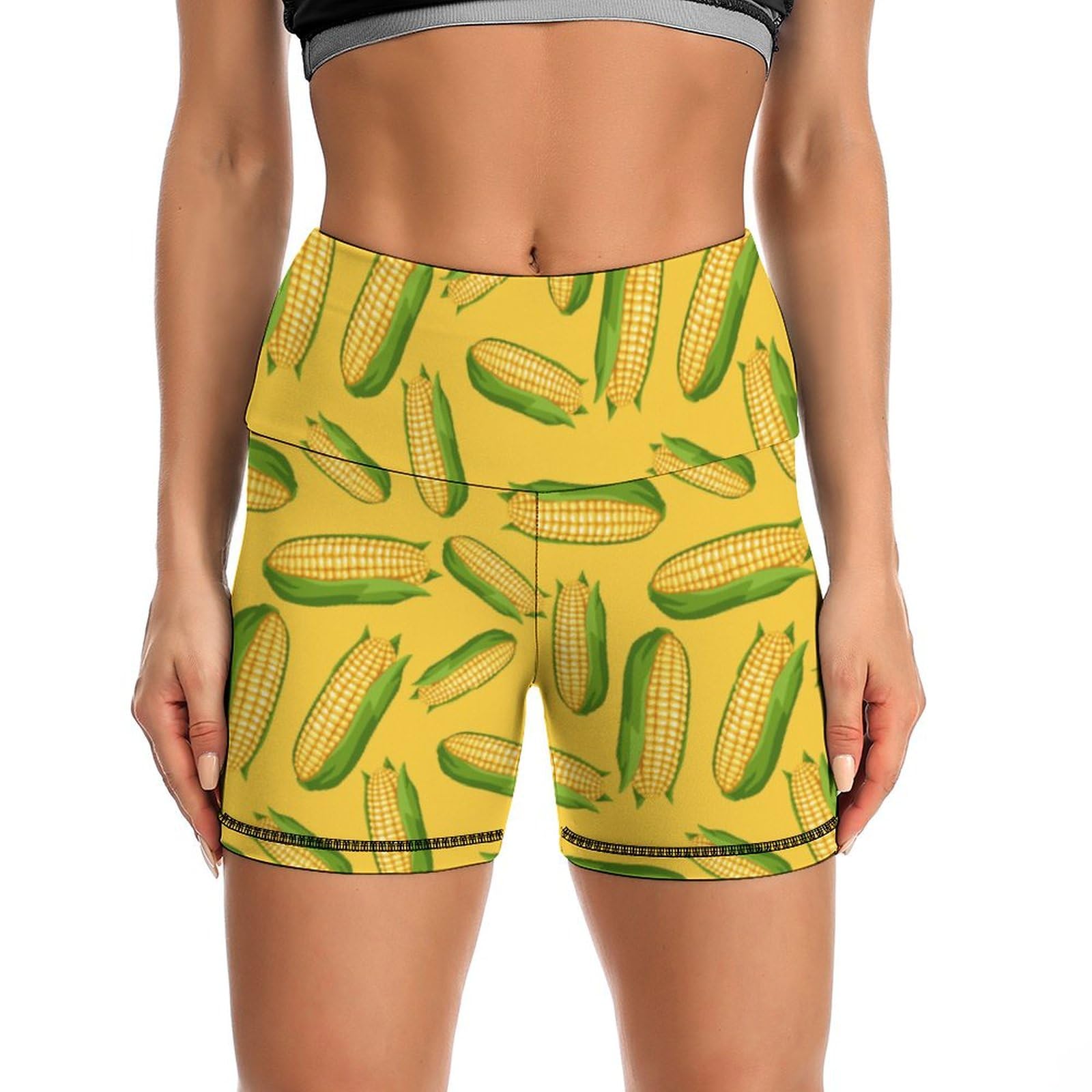 Fresh Ripe Corn Cobs Pattern High Waist Yoga Shorts for Women Athletic Shorts Leggings Running Pants Black
