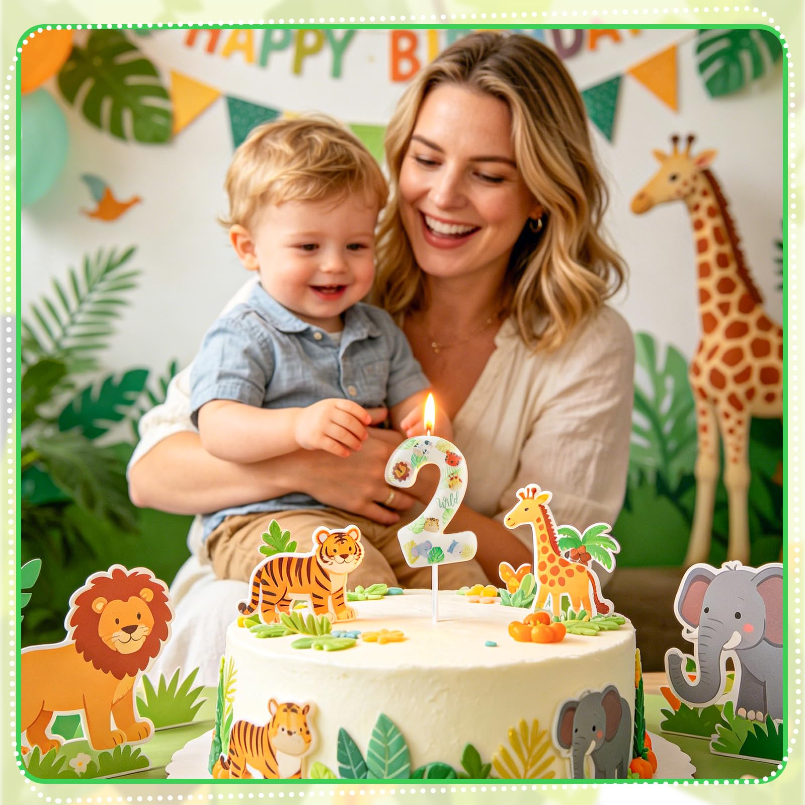 Yiran Safari Animal Number 2 Birthday Candle, Wild One Jungle Themed Cake Topper, Tropical Palm Leaf Party Decorations for 2nd Birthday Boys Girls Baby Shower — view 7