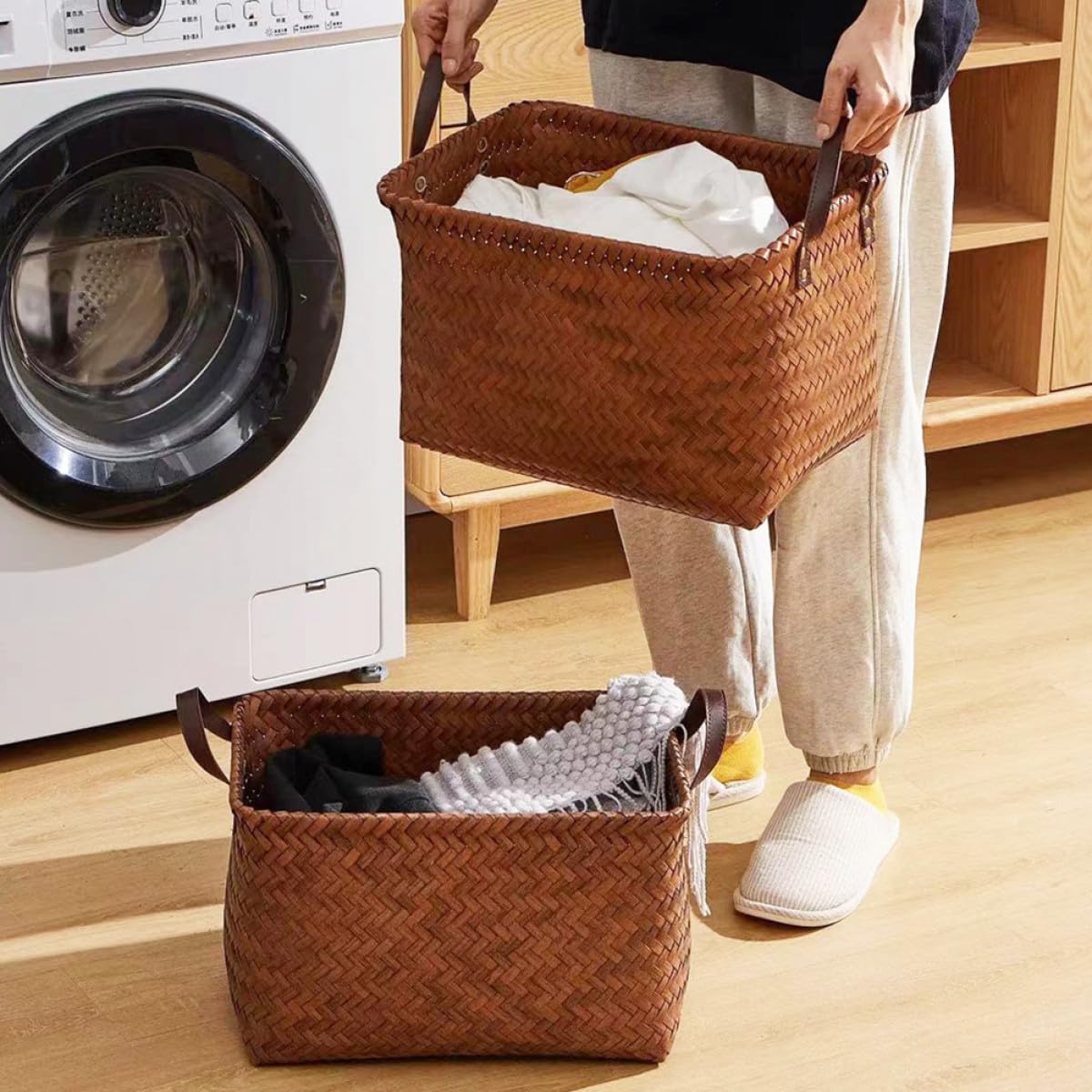 KOMBIUDA Aufbewahrungskorb 38x28x24cm mit Tragegriff aus Pp im Landhausstil Faltbarer Wäschekorb Praktische Aufbewahrungslösung für Kinderzimmer und Waschküche