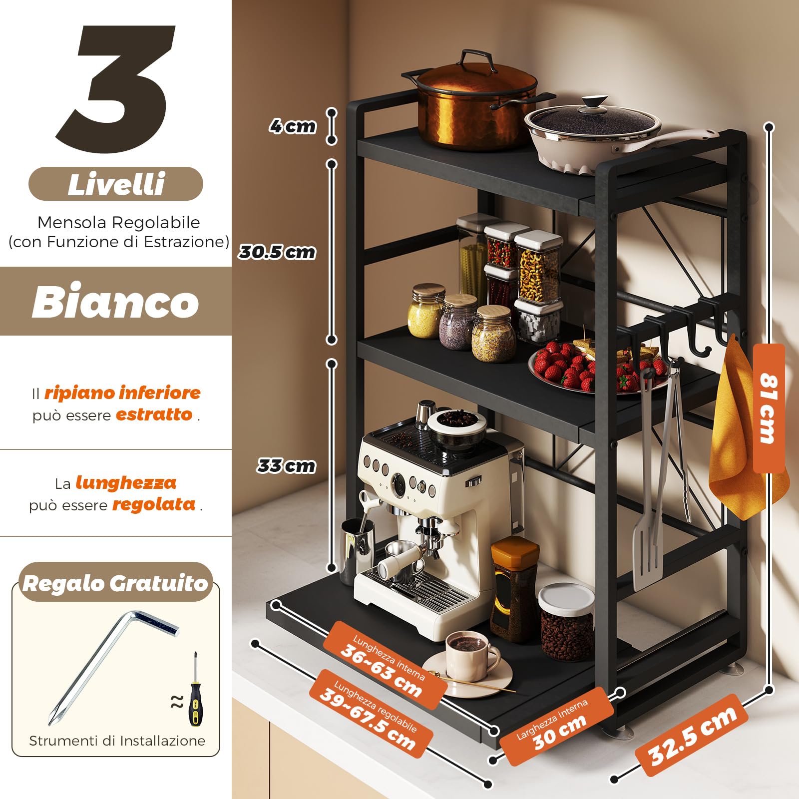 Scaffalatura per microonde a 3 ripiani, regolabile in altezza ed estraibile, con cassetto, in acciaio al carbonio, con ganci e ventose di rinforzo, scaffale da forno (nero)