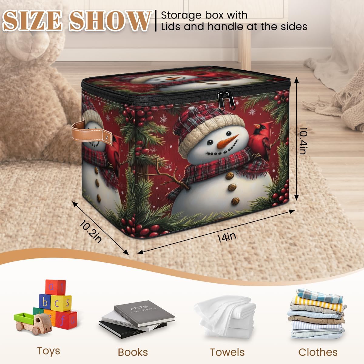 Storage Bin Set of 2 Cute Snowman Cardinal Bird Storage Basket with Zipper Lid & Handle Foldable Closet Shelf 2 Pack Cloth Organizer Basket Cube Bins for Bedroom, Nursery