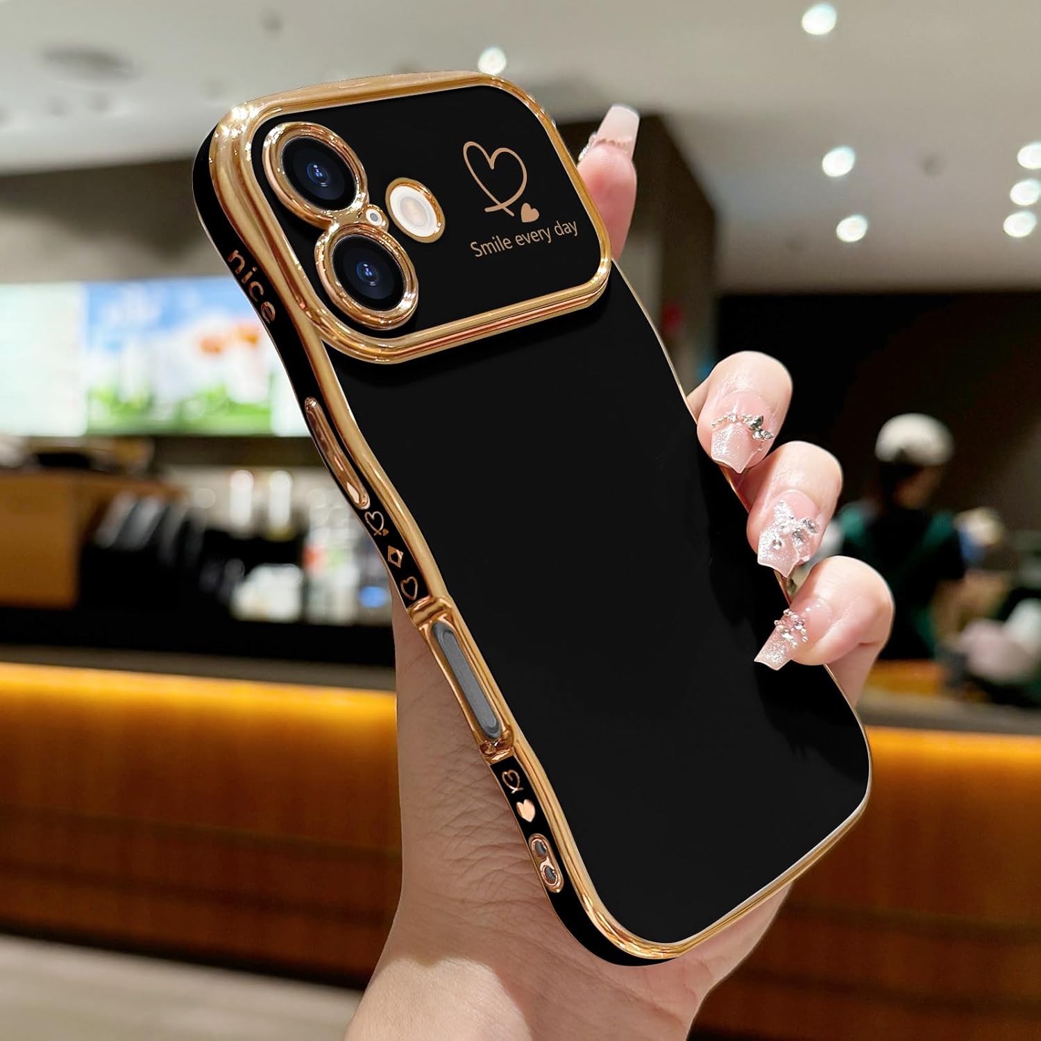 LCHULLE for iPhone 16 Plus Case for Women Girls, Cute Wave Frame Curly Shape with Love Heart Pattern Raised Camera Protection Cover Luxury Plating Shockproof Phone Case for iPhone 16 Plus, Black - Image 2