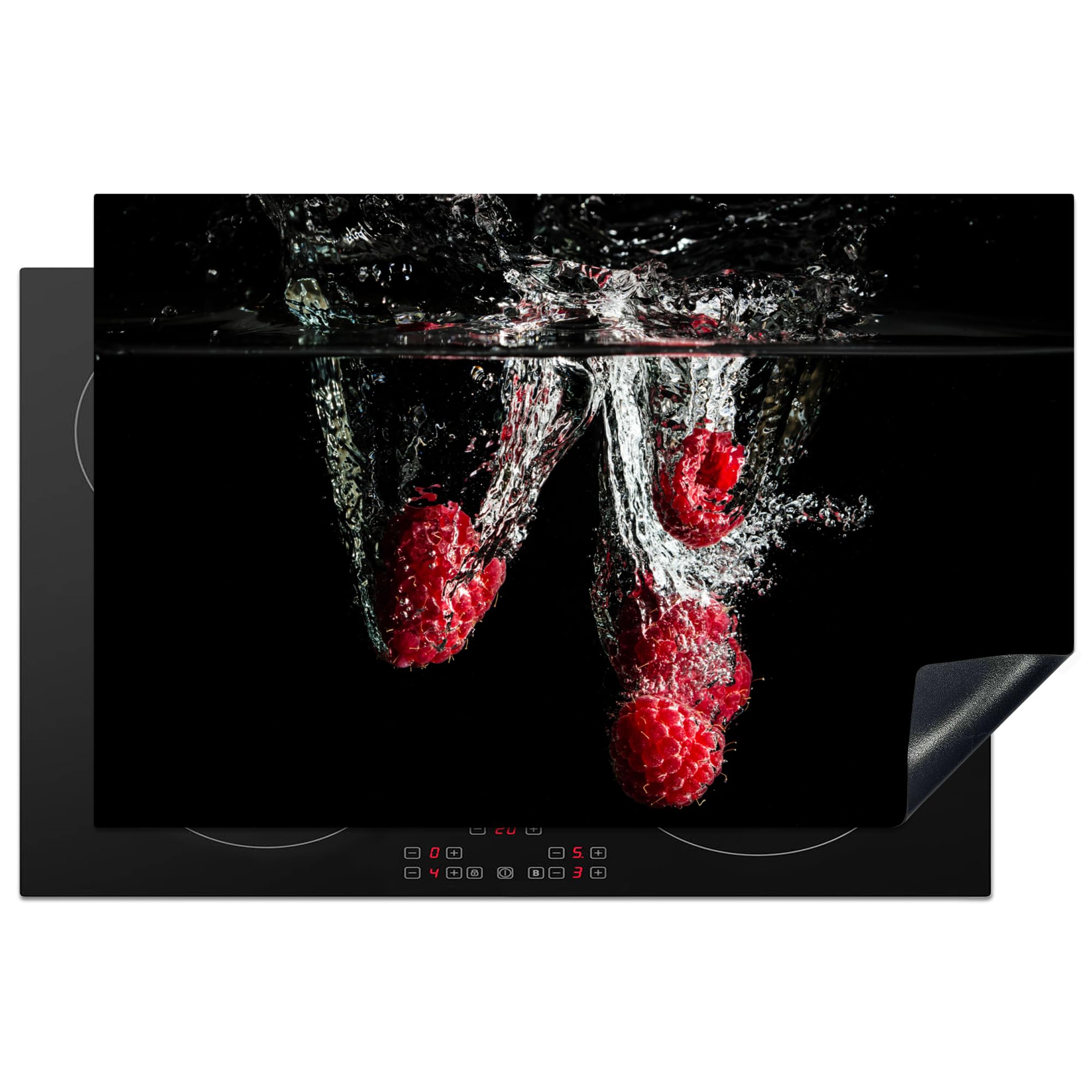 KitchenYeah© Induction Hob Protector Mat 20.5"x31.5" / 80.2x52.2 cm Cooker Top Protectors Cover Ceramic Covers Electric Hobs Vinyl Raspberries - Fruit - Still Life - Water - Black - Red — image 1