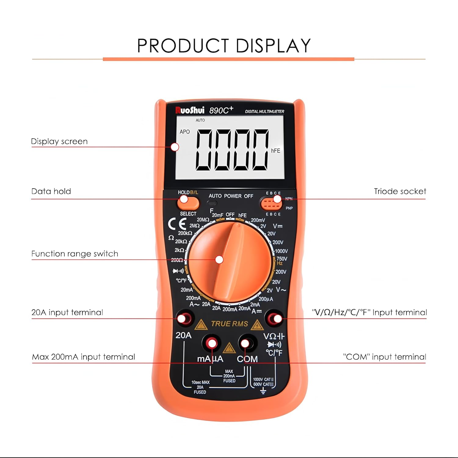 890C+ Digital Multi-meter Manual Range New Type Multi-meter Digital True RMS NCV Flashlight(RUOSHUI 890C+)