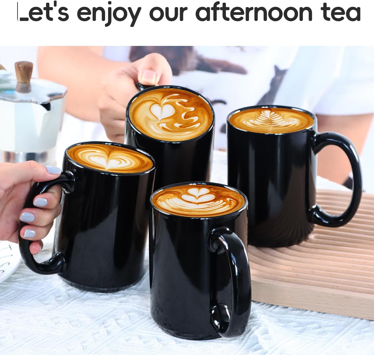 16 OZ Coffee Mugs, Classic Blank Ceramic Cup with Large Handle for Tea Latte Cappuccino, Set of 4, Black