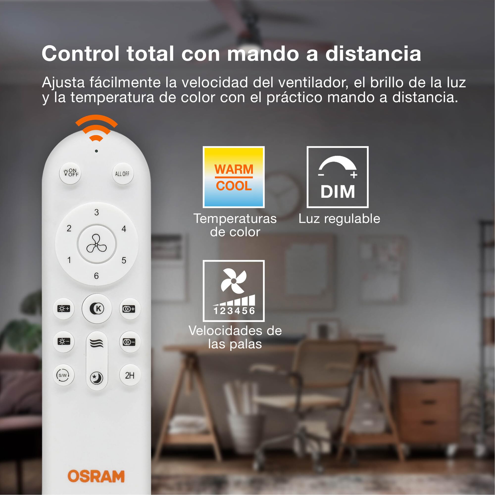 OSRAM Ventilador de techo LED Blanco, silencioso, control remoto | Ceiling fan Coromuel, Ceiling Fans with Lighting, Blanco, 1065 mm dia, 50000 h, Paquete de 1
