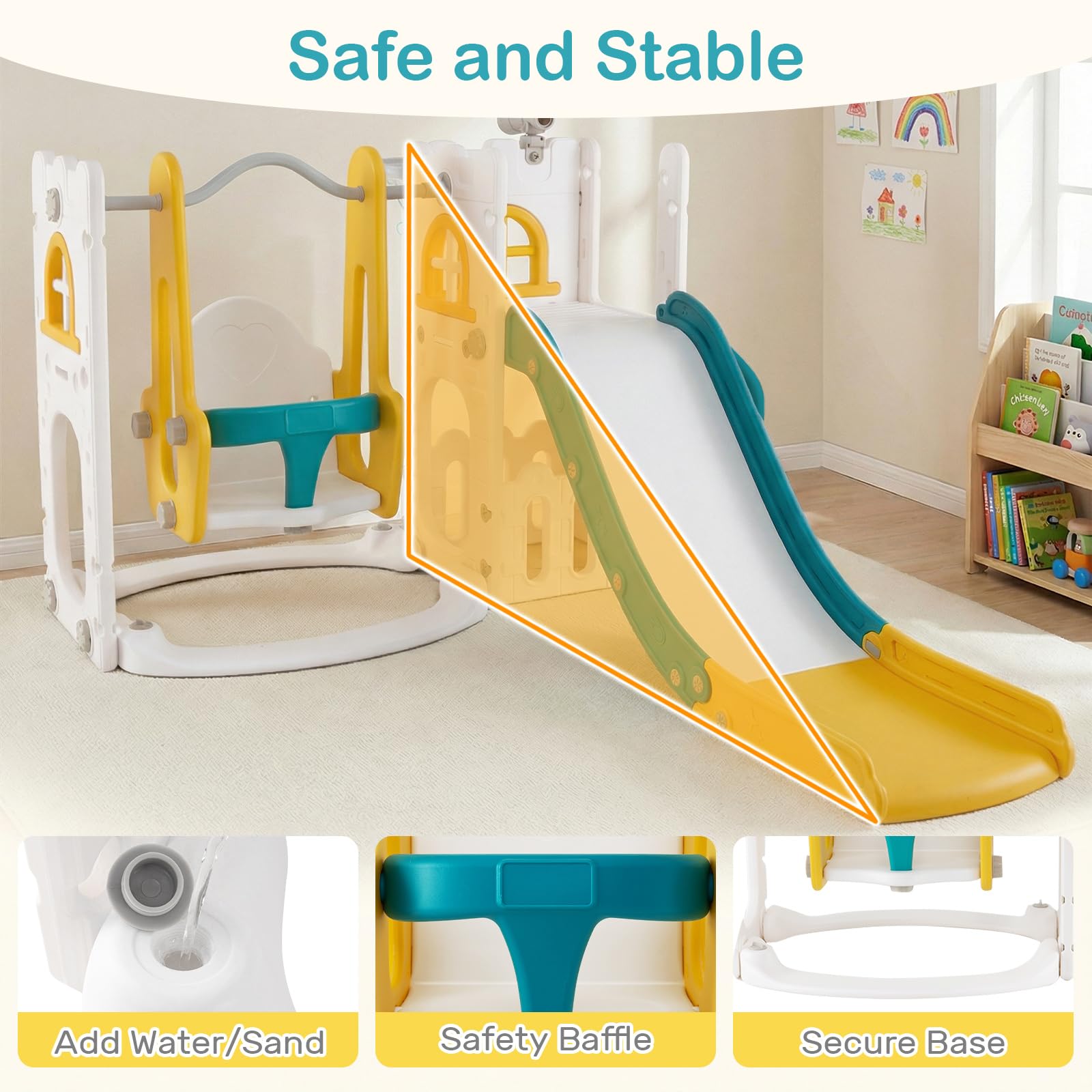 OLAKIDS Toddler Slide and Swing Set, 7 in 1 Kids Indoor Outdoor Playground with Telescope Toy Storage, Climber Basketball Hoop, Ideal Gift for Girls Boys Aged 1+ (Yellow) — view 9