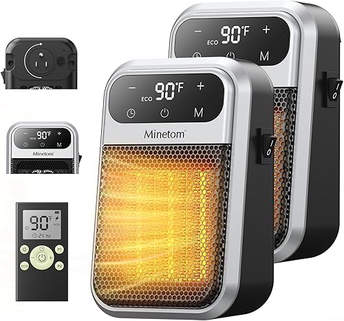 Minetom Calentador enchufable de 800 W, calentador de pared pequeño para uso en interiores, control remoto, temporizador de 12 horas, modo ECO,