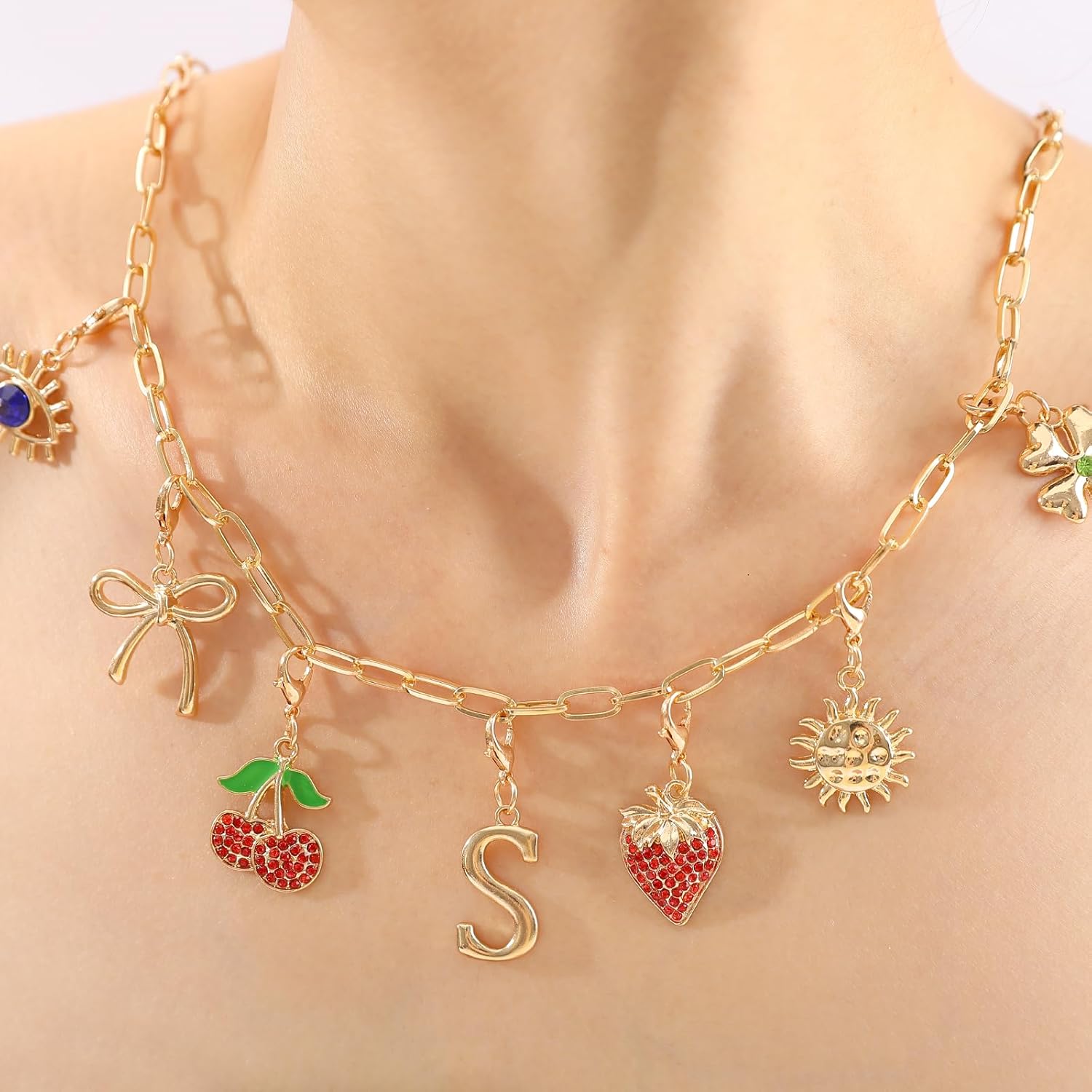 Initial Charm Necklace for Women, Evil Eye Four-Leaf Clover Sun Bow Cherry Strawberry Removable Charms Necklace Paper Clip Chain Choker, Trendy Jewelry Birthday Christmas Gifts for Her (Letter S ) - Image 2