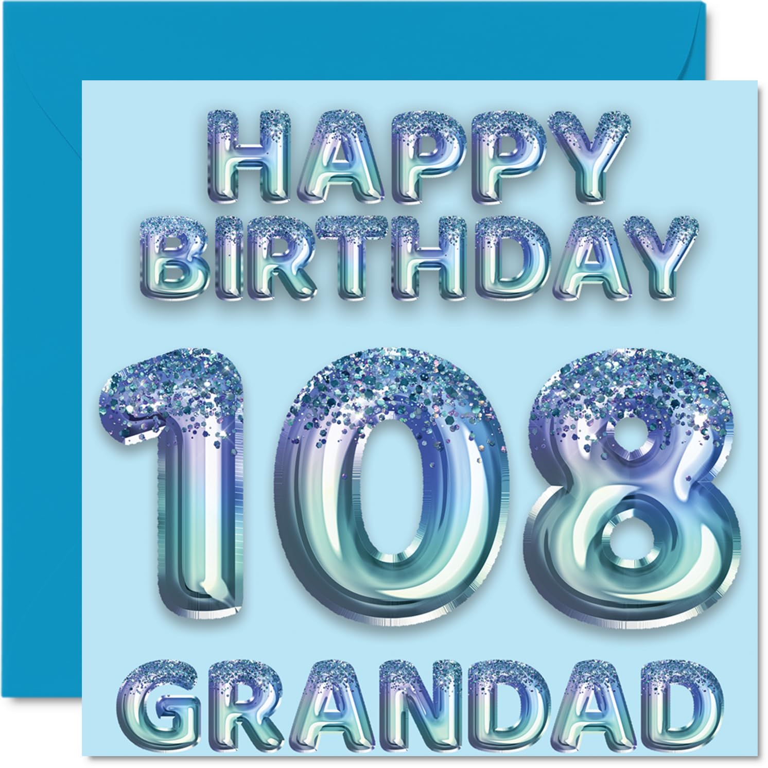 108th Birthday Card for Grandad, Blue Glitter Party Balloons