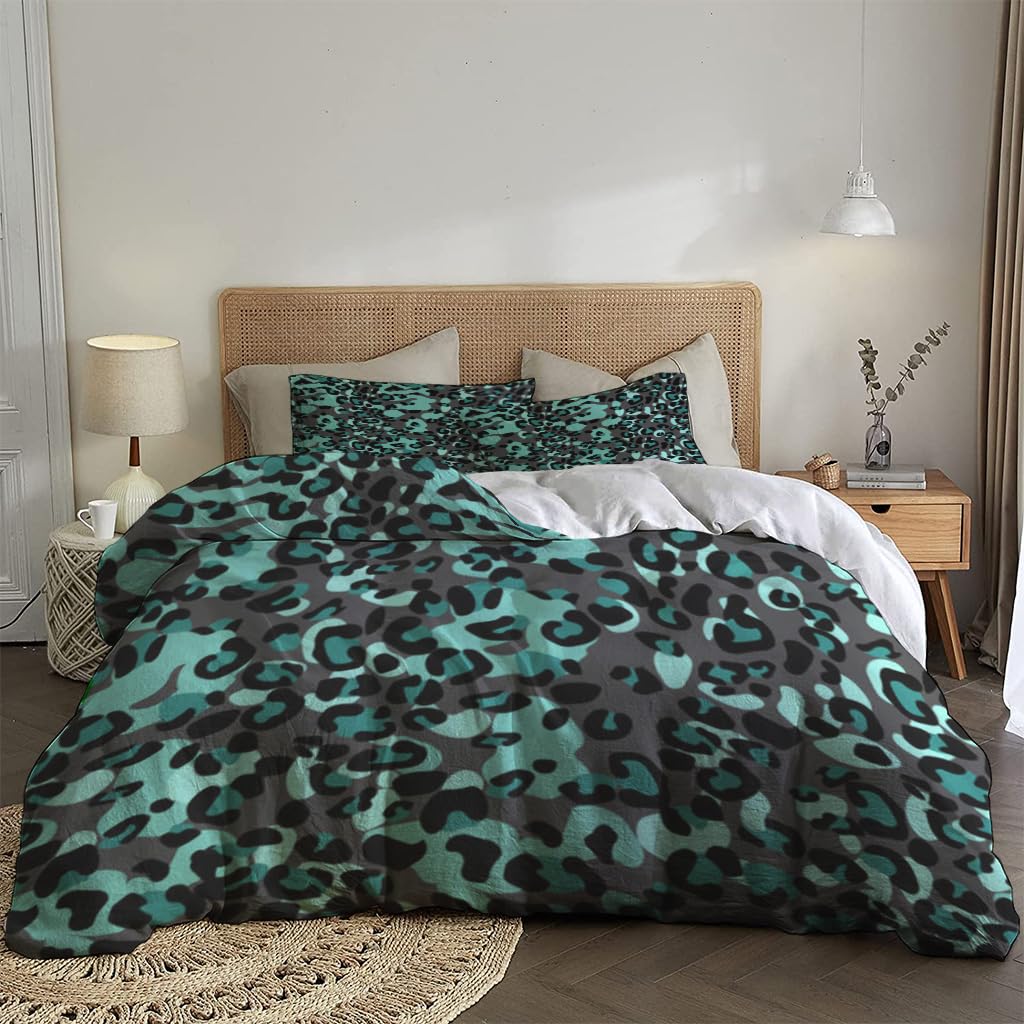 NIBAINLO 布団カバー抽象的なモダンなブルーグレーのヒョウ柄 肌に優しい ピーチスキン加工 掛け布団カバー 和式 洋式 あったか 布団カバーセット リバーシブル ホームステイ ホテル 家庭兼用