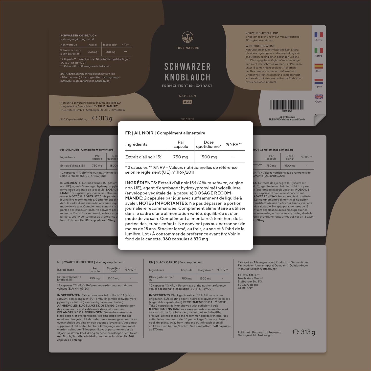Ail Noir Fermenté - 22500mg/jour, extra concentré (15:1) - 360 Gélules, Vegan - Immunité, Santé Cardiaque & Circulation Sanguine - S-Allylcystéine - Sans: Additifs, Gluten&Lactose - TRUE NATURE