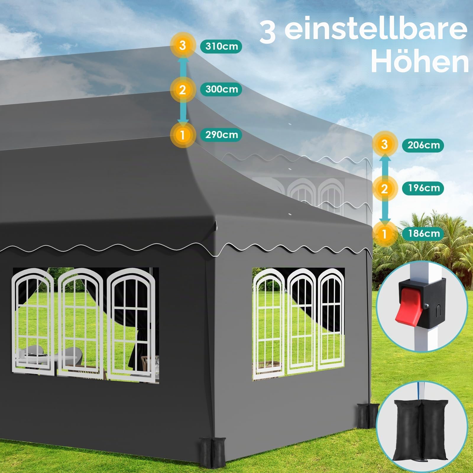Pavillon 3x6 mit 6 Seitenwänden, Faltpavillon 3x6 Wasserdicht Stabil Winterfest, Faltbar Partyzelt 3 x 6, Anti-UV 50+ Gartenpavillon, 6 PCS Sandsack 12 Erdhaken, für Markt, Hochzeiten, Patio, Grau