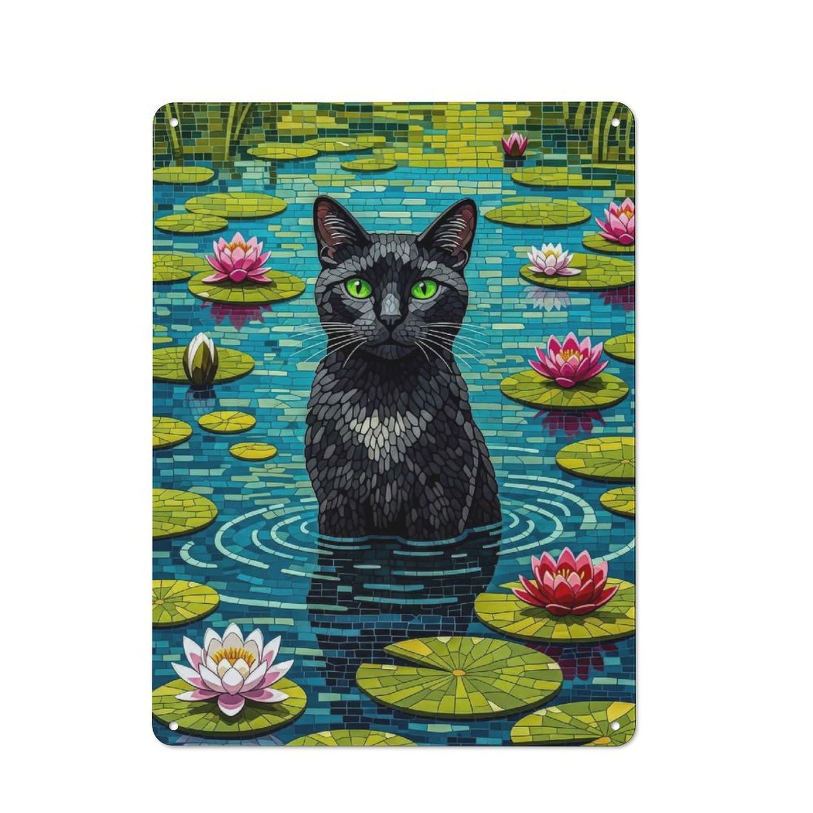 Junmoney Style-22 Decorative Metal Sign With Black Cat In Lily Pond Mosaic Design 40X30cm, Cosy Cafe Wall Decor For Kitchen, Cafe, Pantry Or Dining Room
