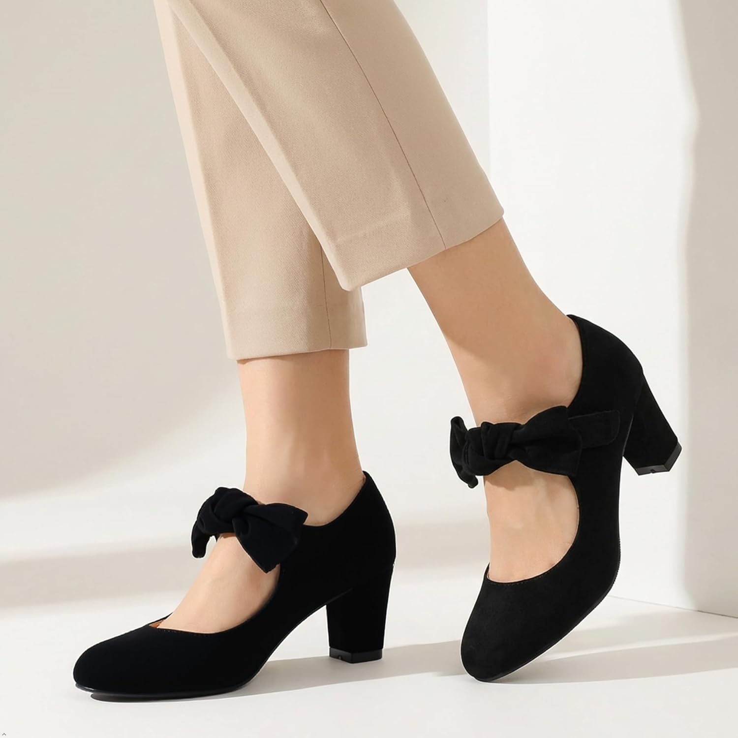 LIURUIJIA Women's Bow Mary Janes Block Heel Pumps Round Toe Ankle Strap Wedding Evening Party Dress Shoes