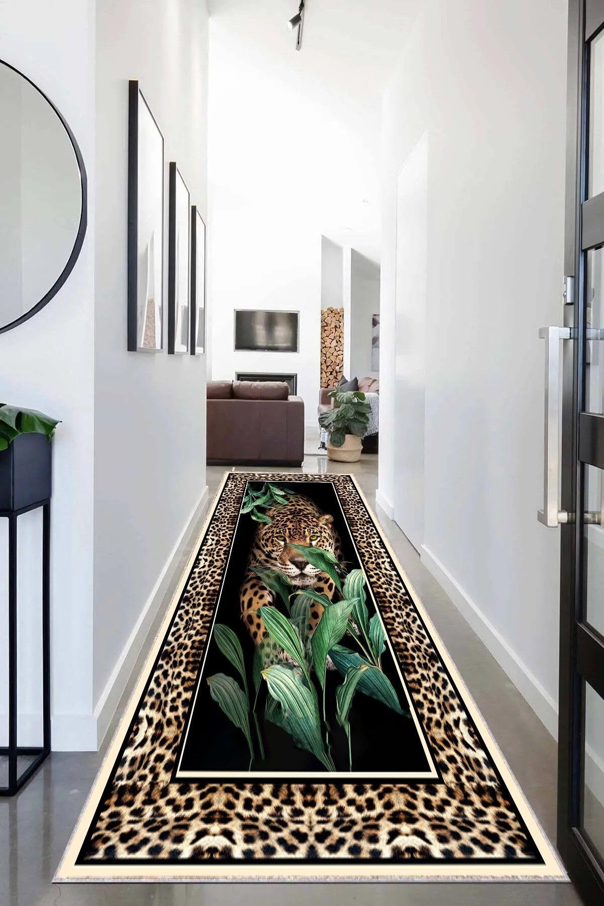 Pelangi Leopar Desenli Dijital Baskı Yıkanabilir Kaymaz Taban Modern Salon Halısı ve Yolluk, Kahverengi 80 x 200, 9555564802007