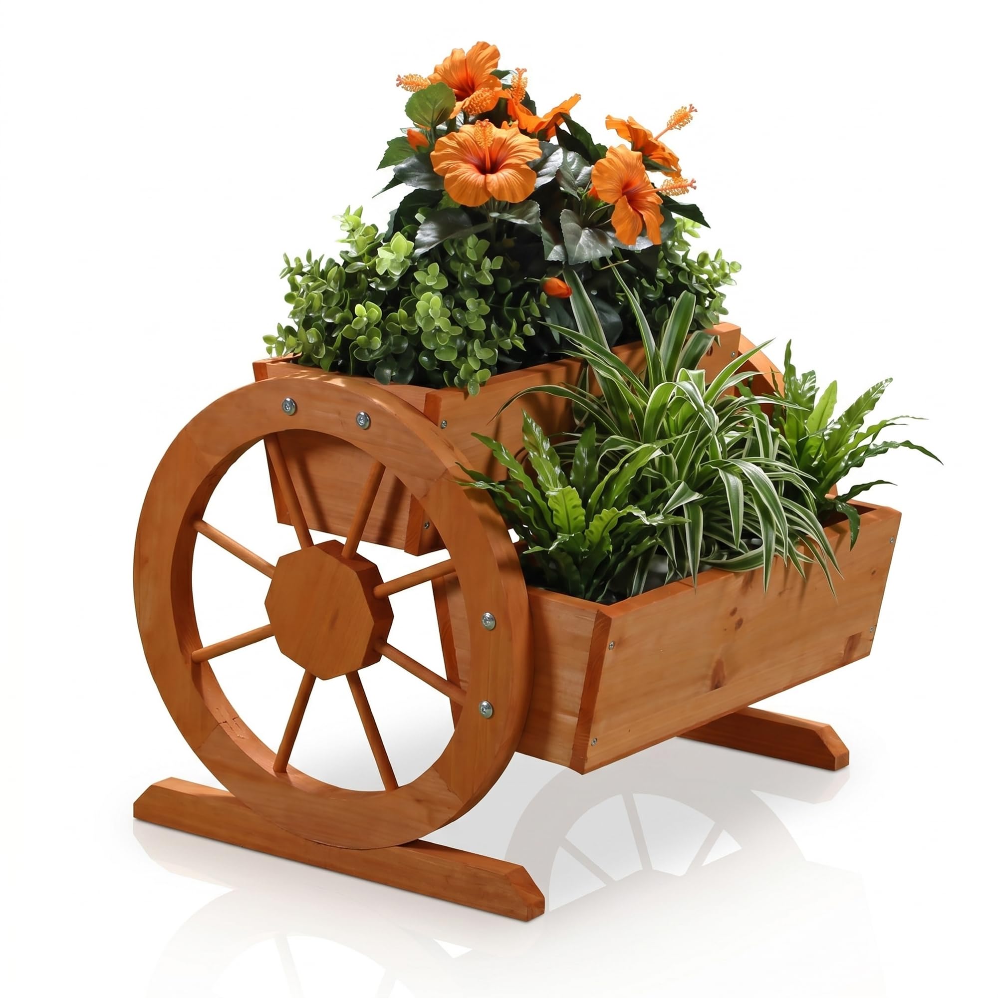 Mucola Pflanzkübel mit Wagenrädern aus Fichtenholz 44x42x40cm – Dekorativer Blumenwagen im Landhausstil mit 2 Pflanzfächern für Garten und Terrasse, Gartendeko Nostalgisch, Natürliche Holzoptik