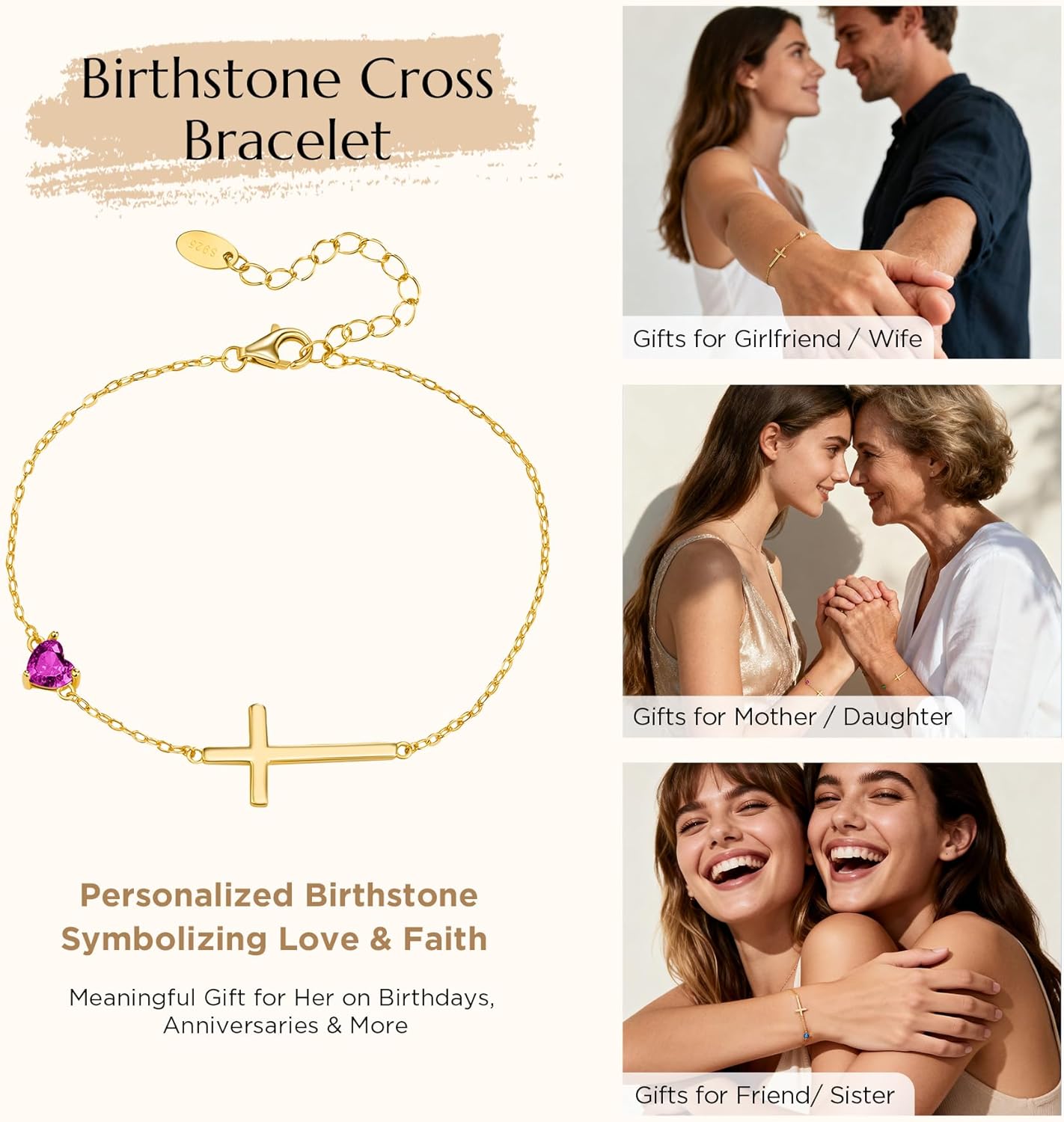 NORBU S925 Cross Bracelet for Women, 18K Gold Plated Sterling Silver Womens Cross Bracelet with Heart Birthstones, Religious Christmas Gift Anniversary Birthday Jewelry for Wife Girlfriend Her - Image 4