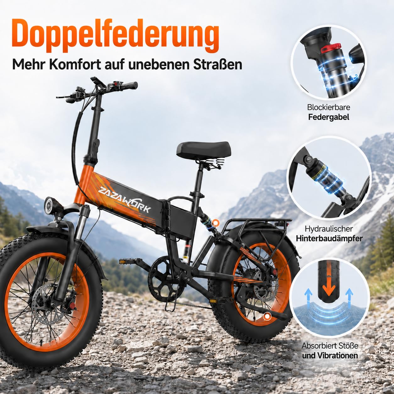 20 Zoll Fat Tire E Bike Klapprad, mit 48V 20Ah Akku Bis zu 120KM, 60 Nm Geeignet für jedes Gelände, 7-Gang, Vollfederung, hydraulische Scheibenbremsen, Elektrofahrrad für Herren und Damen,