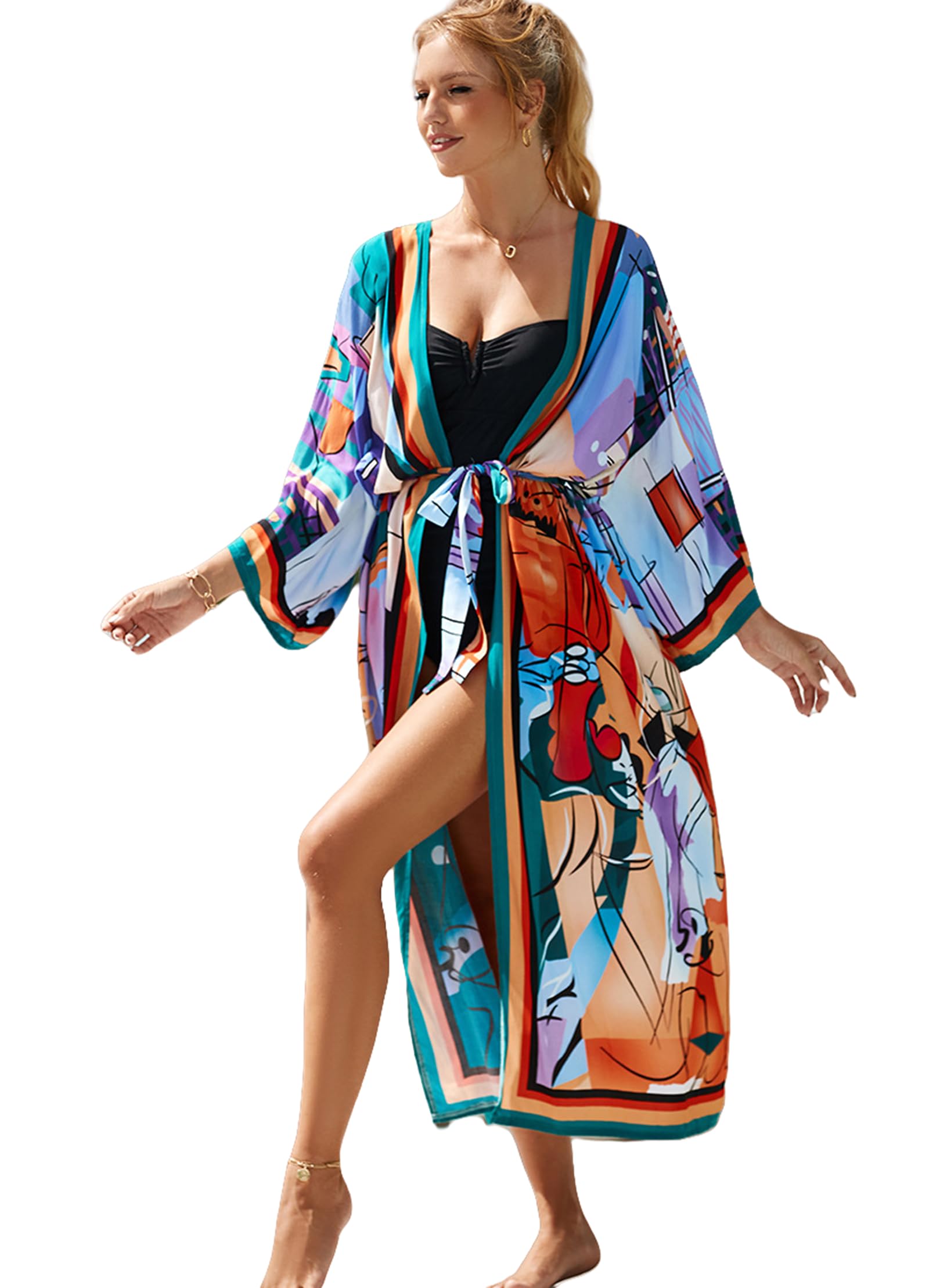 Wander Agio Womens Bikini Cover Ups Beach Coverup Swimsuits Sunscreen Tie-Dye for Women Poolside Sleeve Cardigan Cover-Up